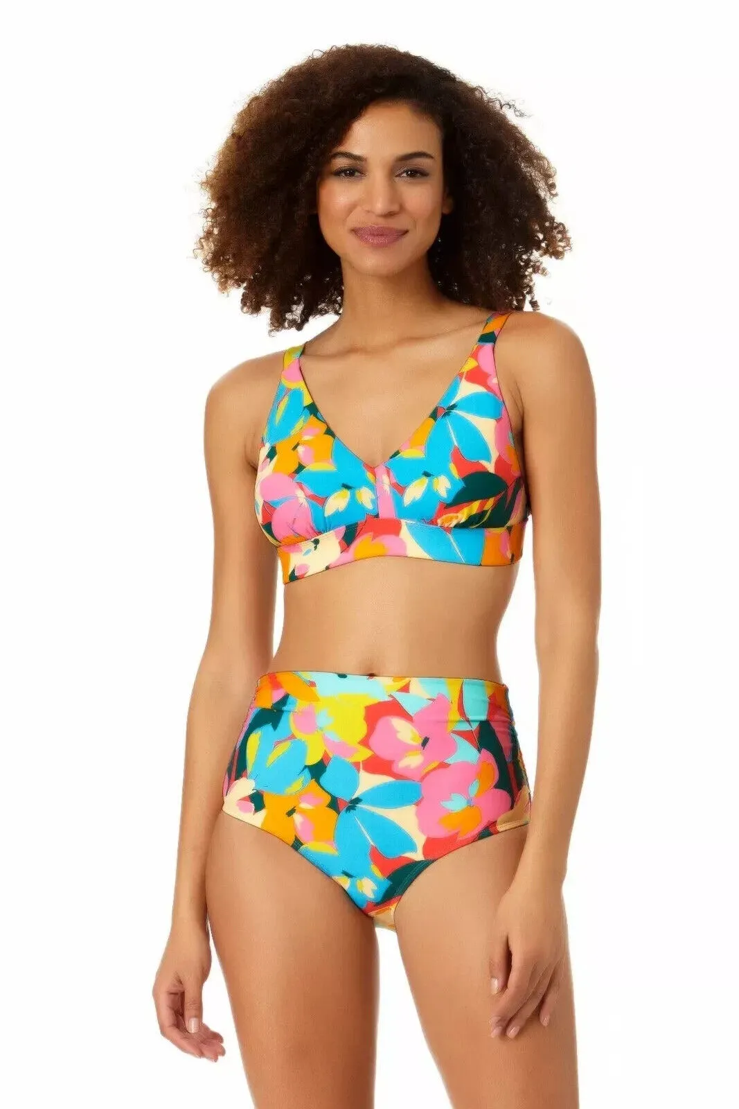 Anne Cole Bottom Women Medium Multicolor Floral High-Waist Shirred Bikini JDM346