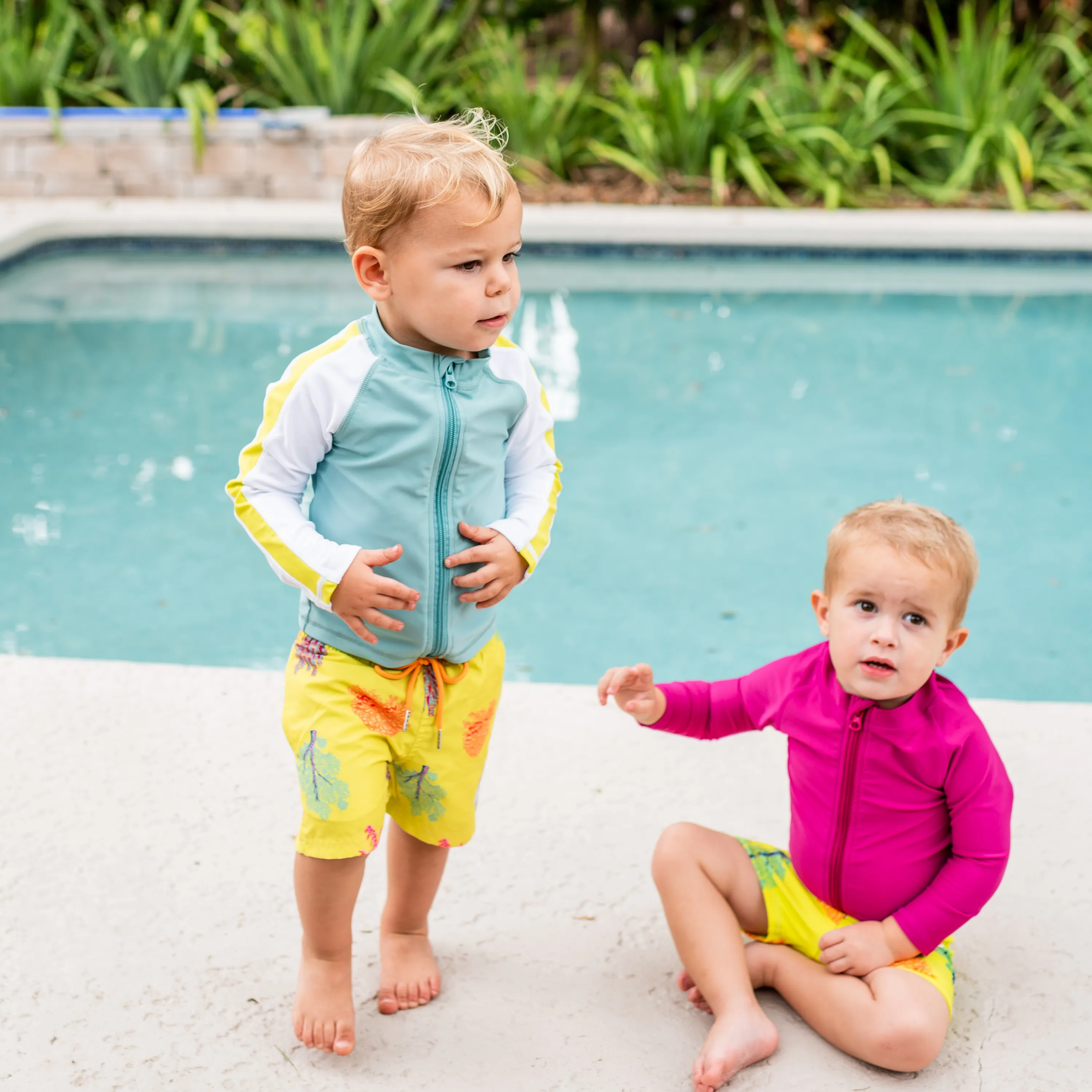 Boys Long Sleeve Zipper Rash Guard and Swim Trunk Set | "Coral"