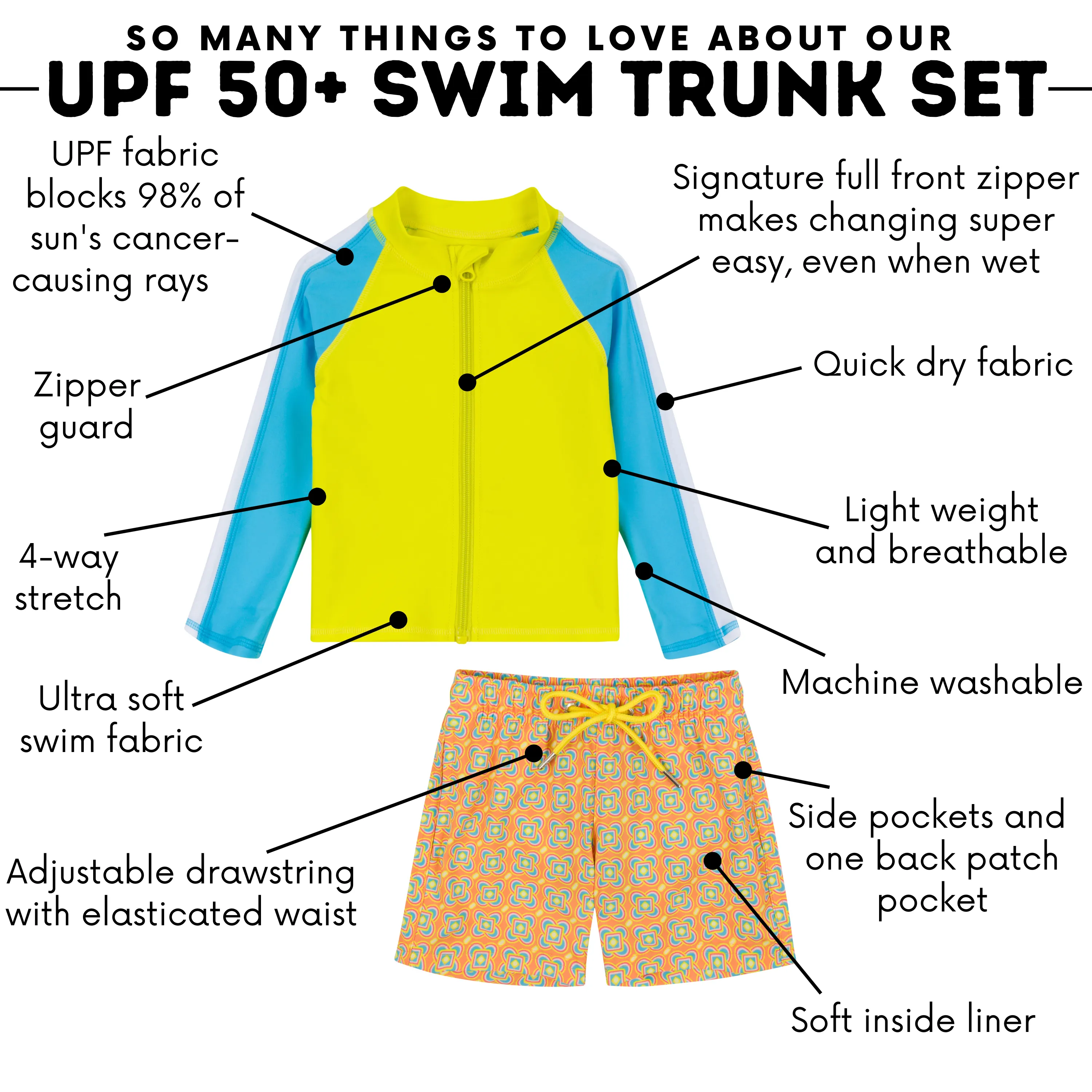 Boys Long Sleeve Zipper Rash Guard and Swim Trunk Set | "Kaleidoscope"