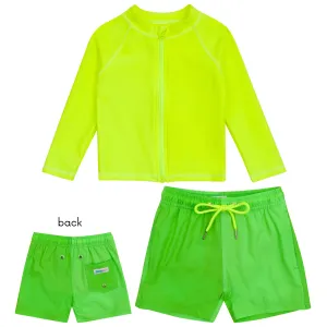 Boys Long Sleeve Zipper Rash Guard and Swim Trunk Set | "Neon Green"