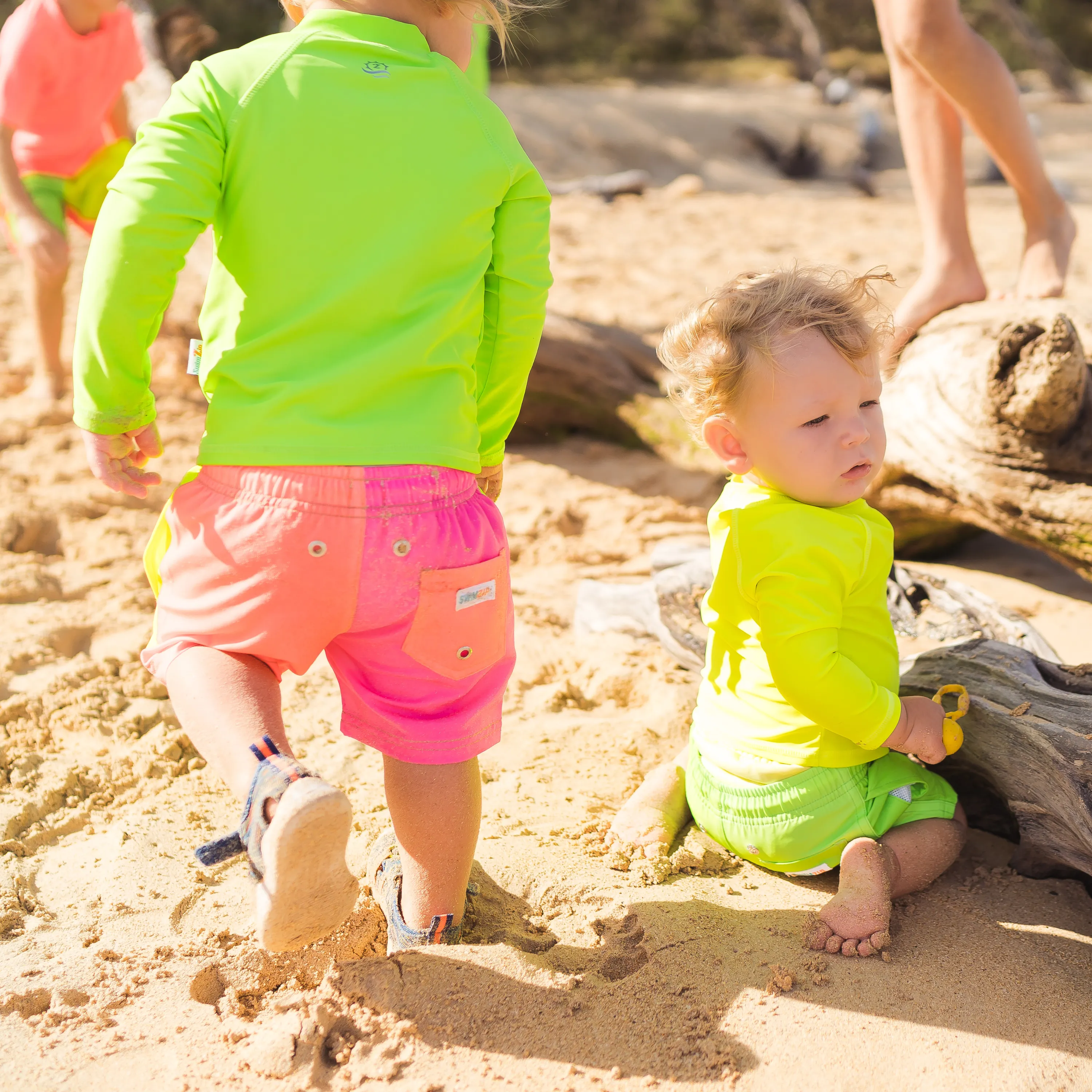 Boys Long Sleeve Zipper Rash Guard and Swim Trunk Set | "Neon Sunrise"