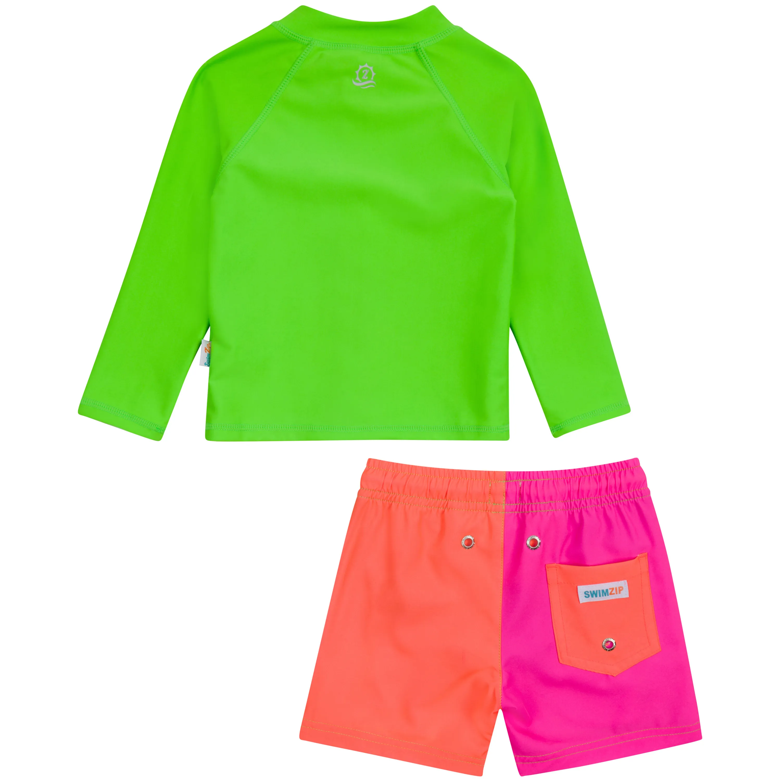 Boys Long Sleeve Zipper Rash Guard and Swim Trunk Set | "Neon Sunrise"