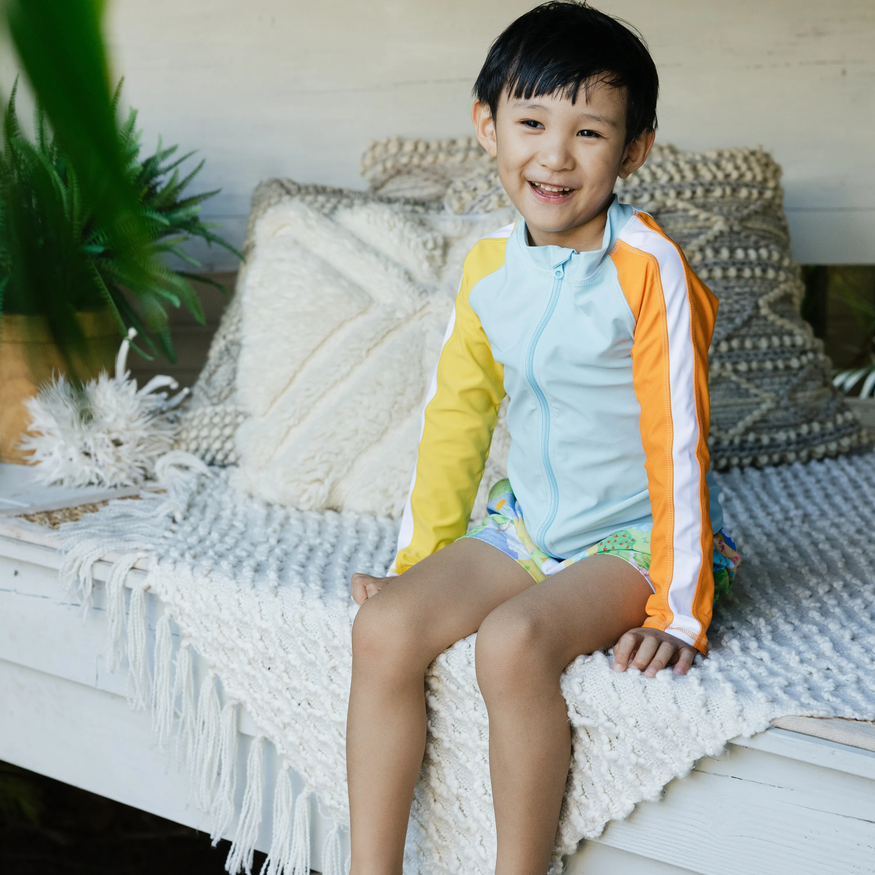 Boys Long Sleeve Zipper Rash Guard and Swim Trunk Set | "Sunshine"