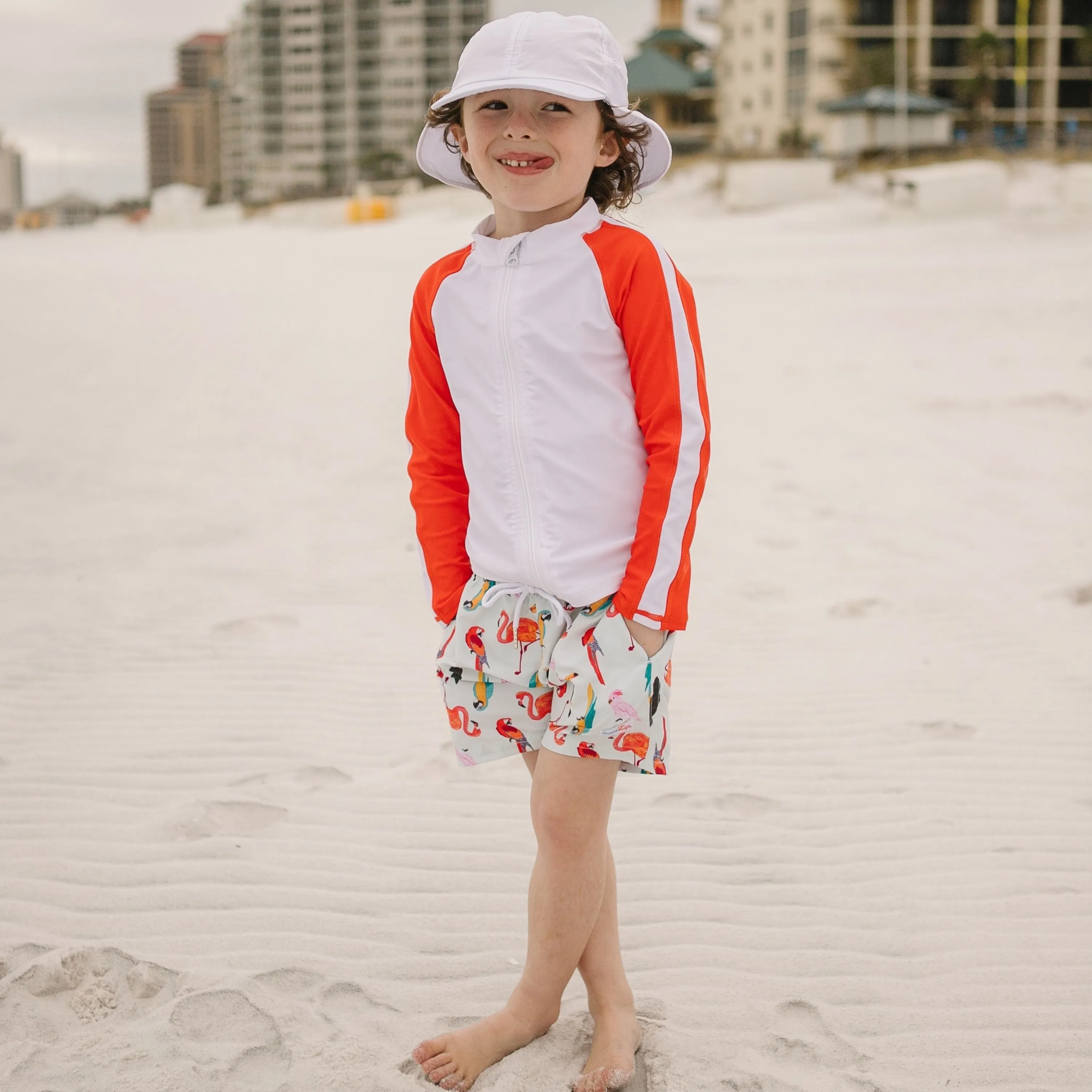 Boys Long Sleeve Zipper Rash Guard and Swim Trunk Set | "Tropical Birds