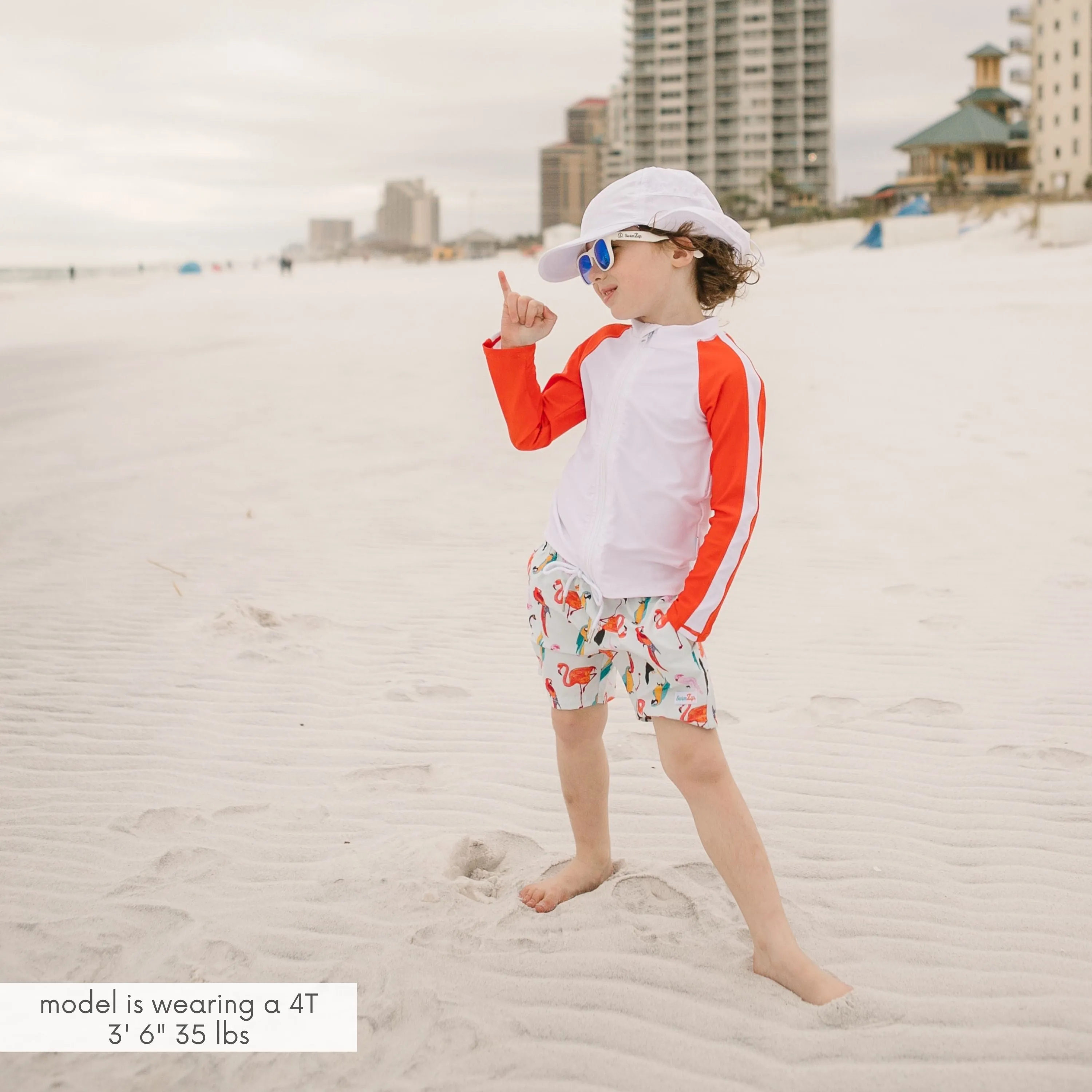 Boys Long Sleeve Zipper Rash Guard and Swim Trunk Set | "Tropical Birds