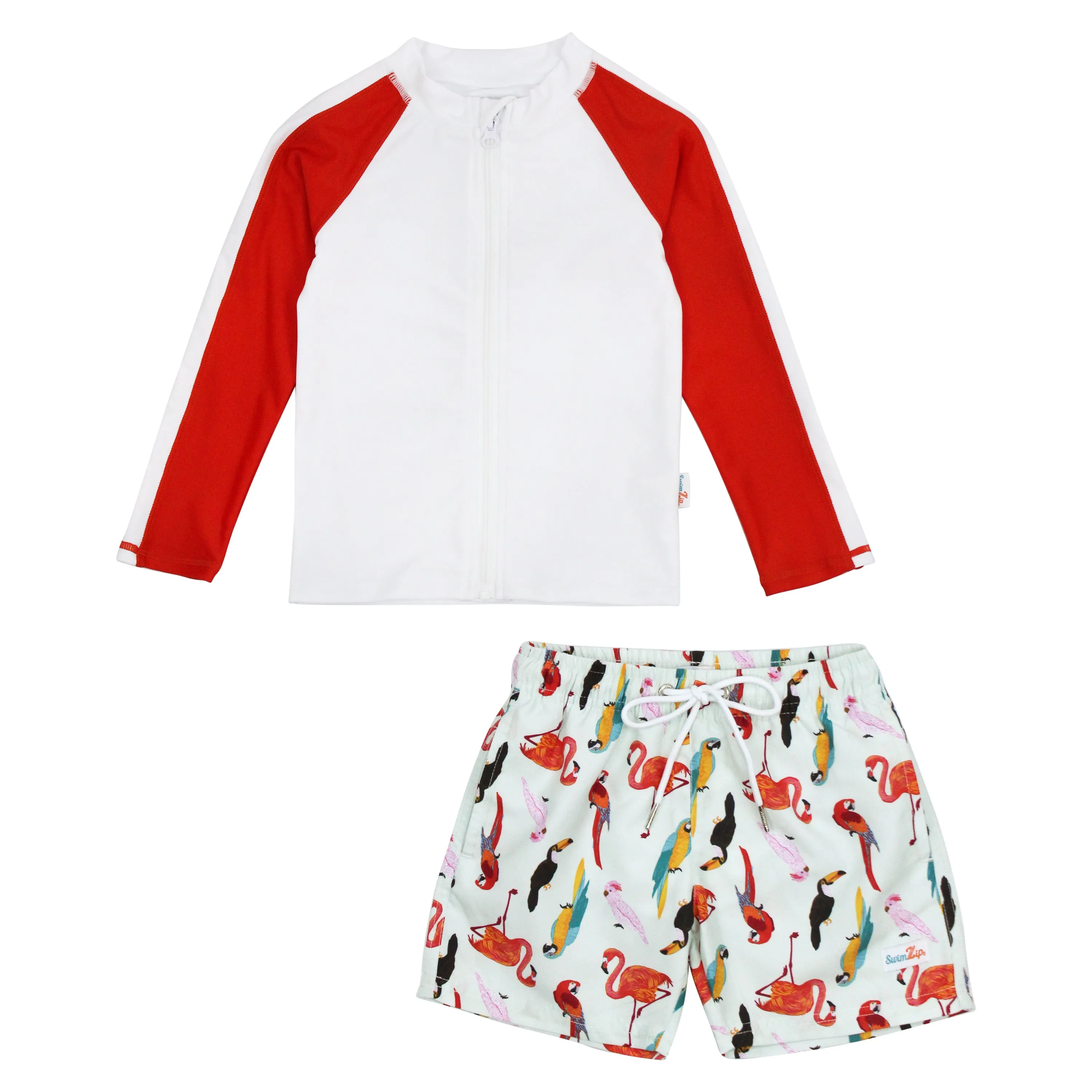 Boys Long Sleeve Zipper Rash Guard and Swim Trunk Set | "Tropical Birds