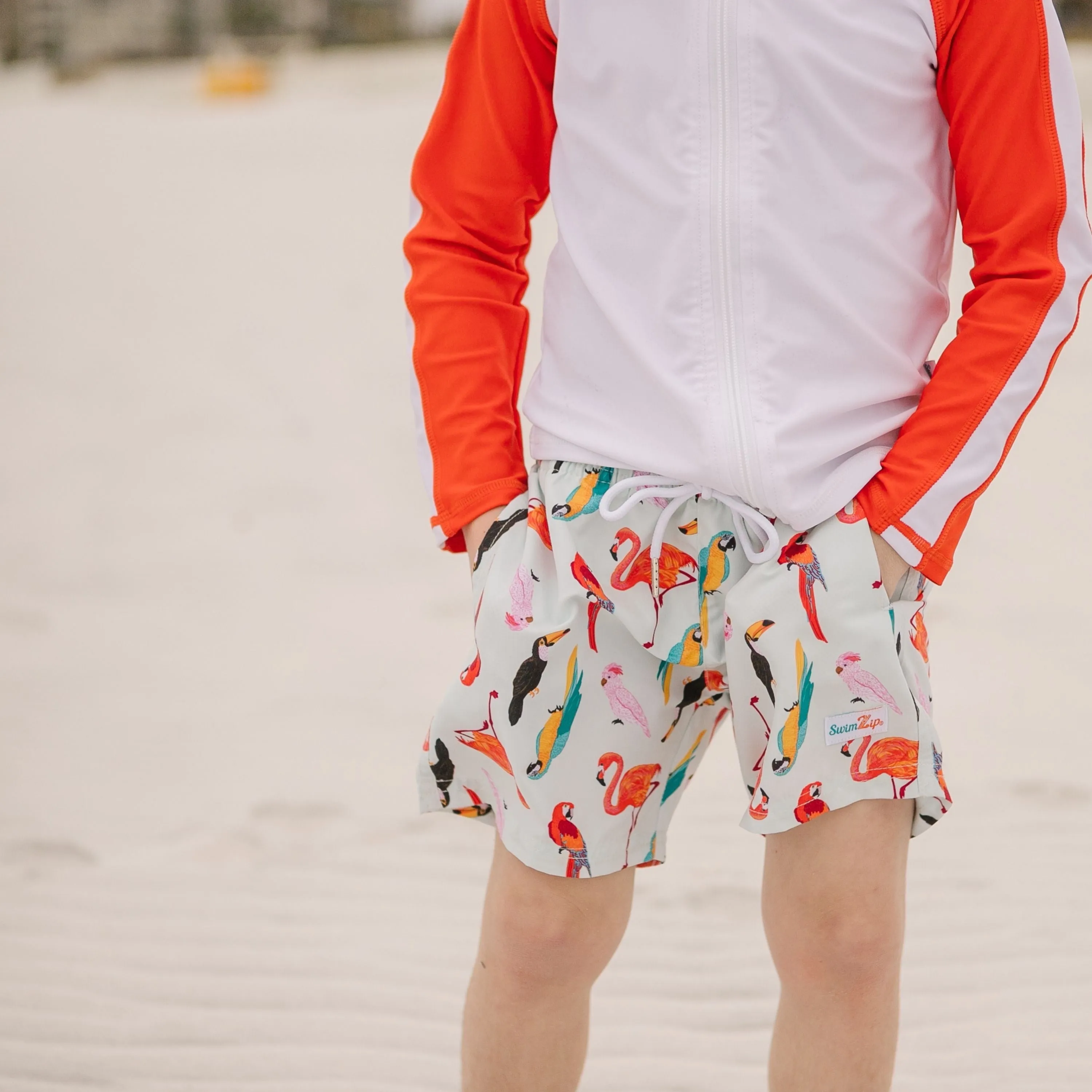 Boys Long Sleeve Zipper Rash Guard and Swim Trunk Set | "Tropical Birds