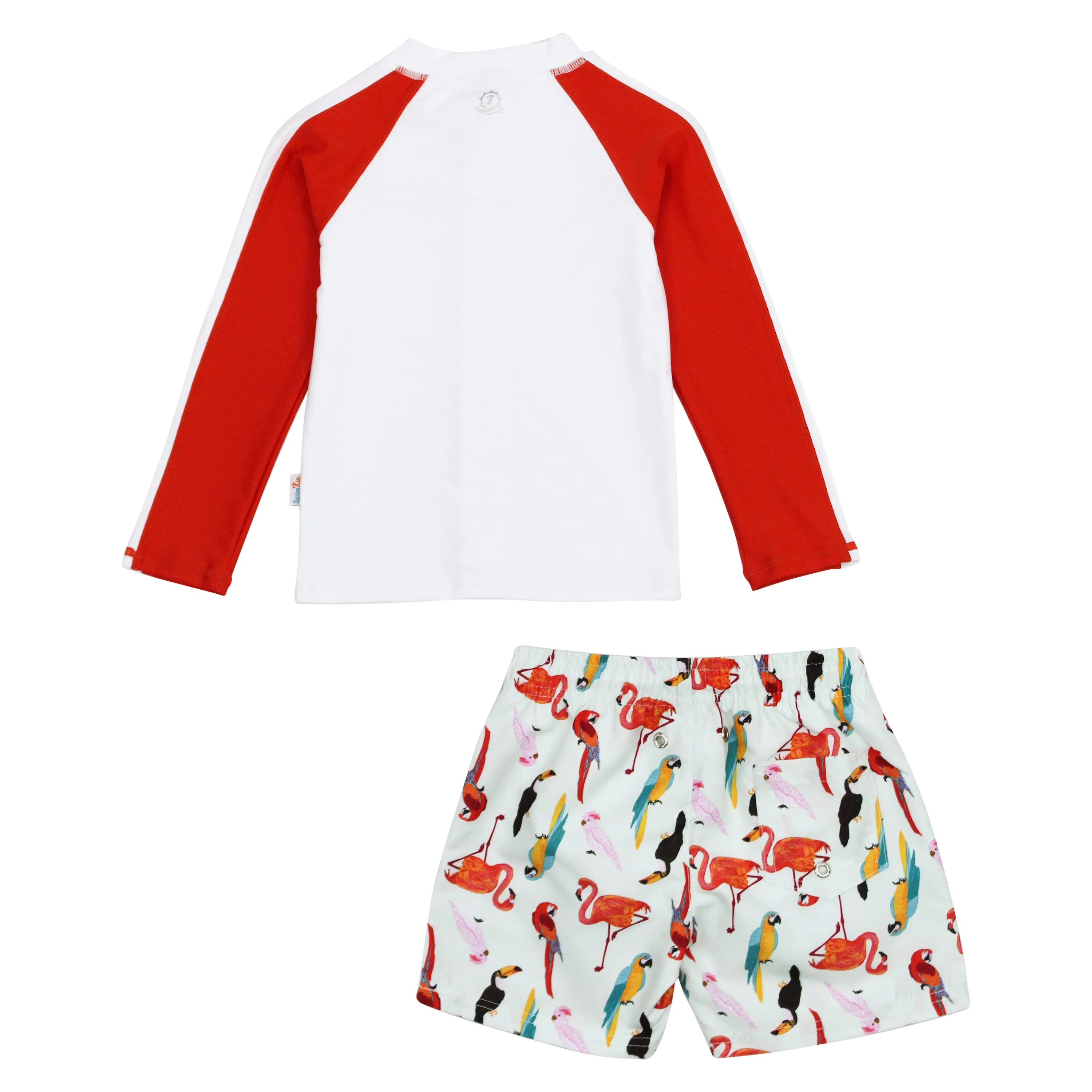 Boys Long Sleeve Zipper Rash Guard and Swim Trunk Set | "Tropical Birds