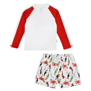 Boys Long Sleeve Zipper Rash Guard and Swim Trunk Set | "Tropical Birds