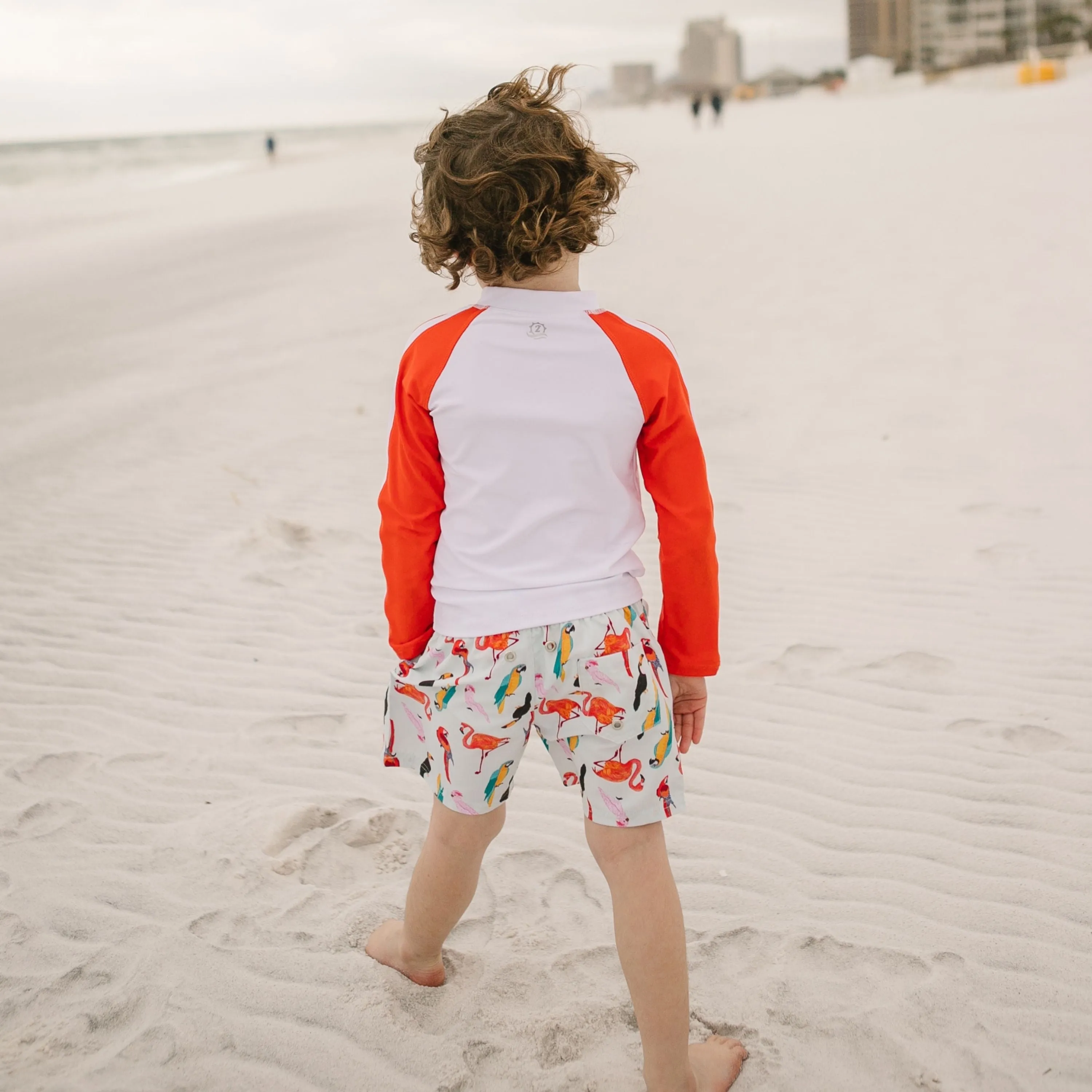 Boys Long Sleeve Zipper Rash Guard and Swim Trunk Set | "Tropical Birds