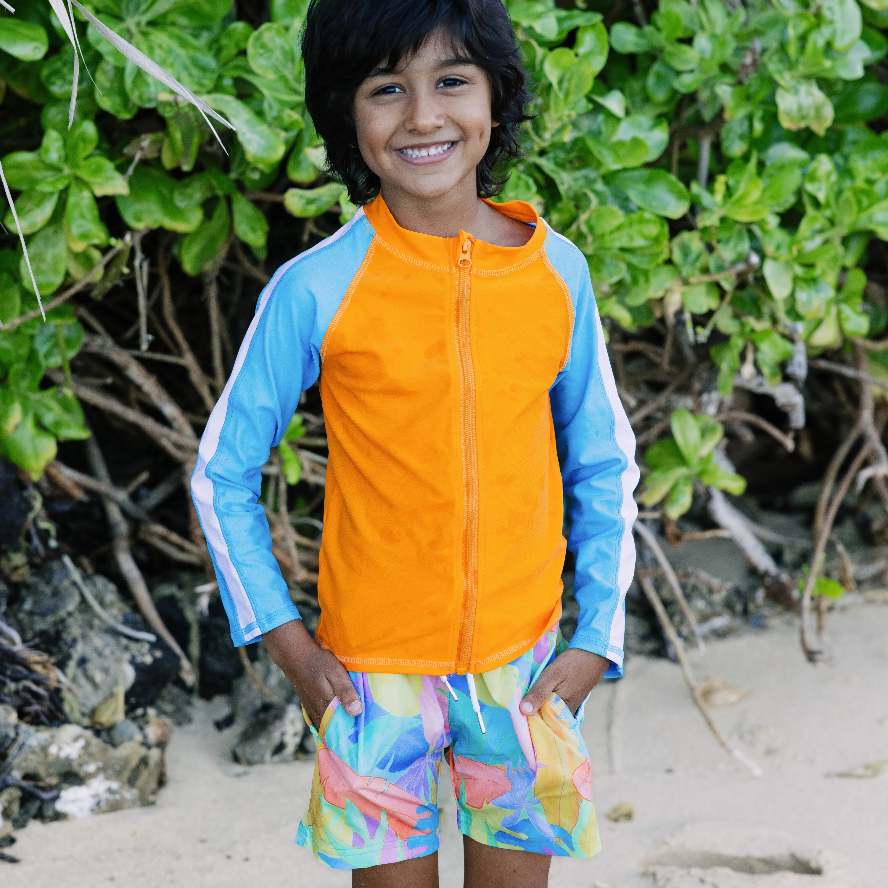 Boys Long Sleeve Zipper Rash Guard and Swim Trunk Set | "Vibrant Vacay"