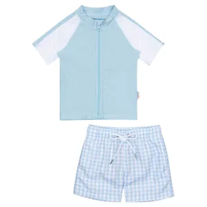 Boys Short Sleeve Zipper Rash Guard and Swim Trunk Set | "Blue Gingham"