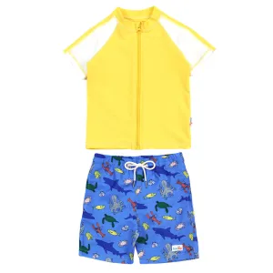Boys Short Sleeve Zipper Rash Guard and Swim Trunk Set | "Sea Animal