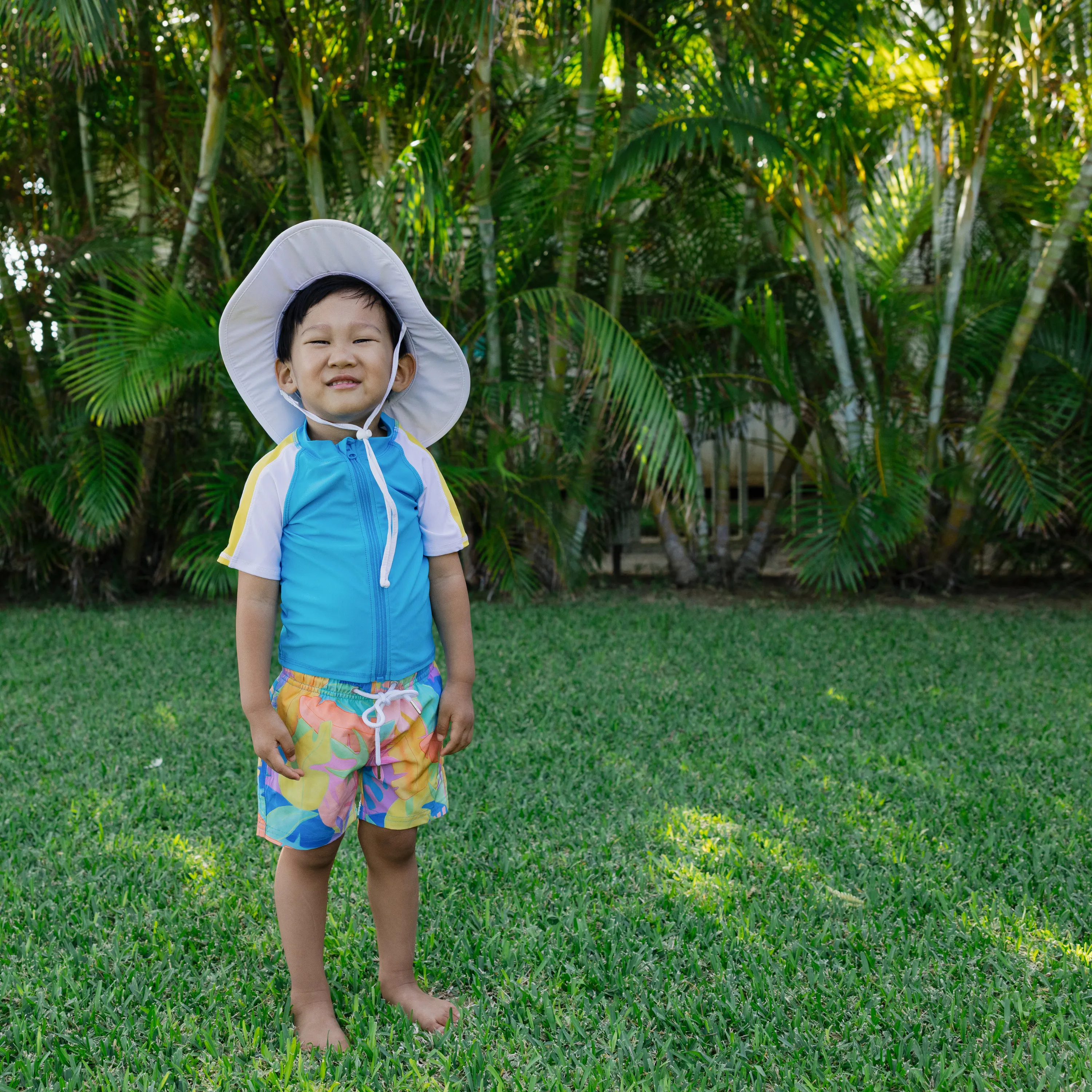 Boys Short Sleeve Zipper Rash Guard and Swim Trunk Set | "Vibrant Vacay"