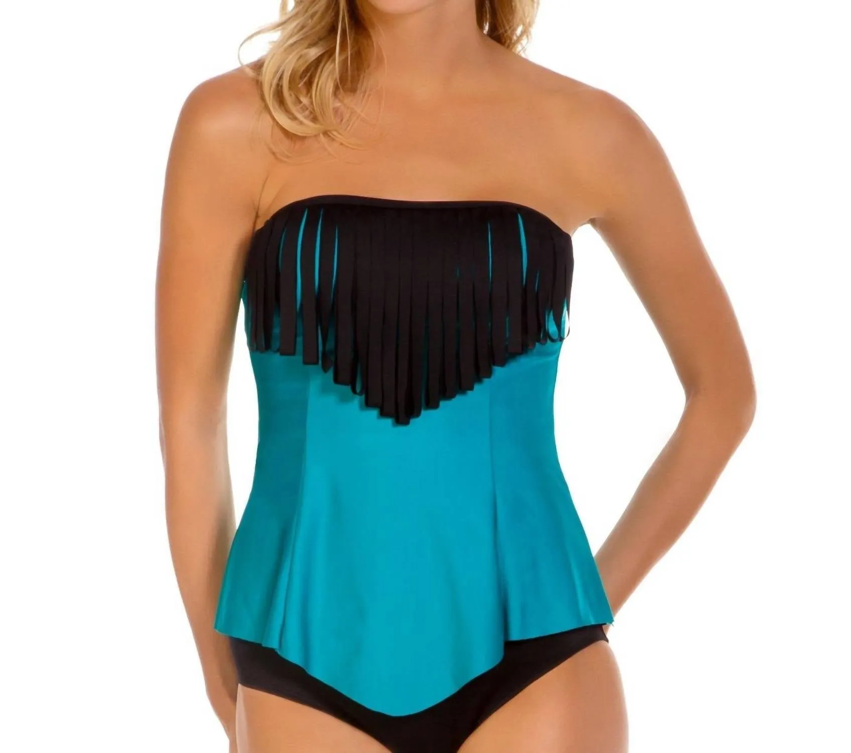 Eco Loop Fringe Tankini Top In Teal