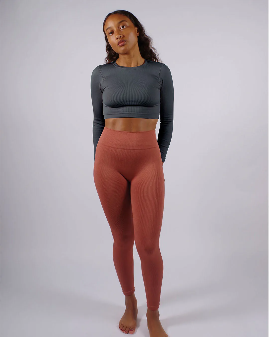 EVOKE Ribbed Long-Sleeve Crop Top | Slate Grey