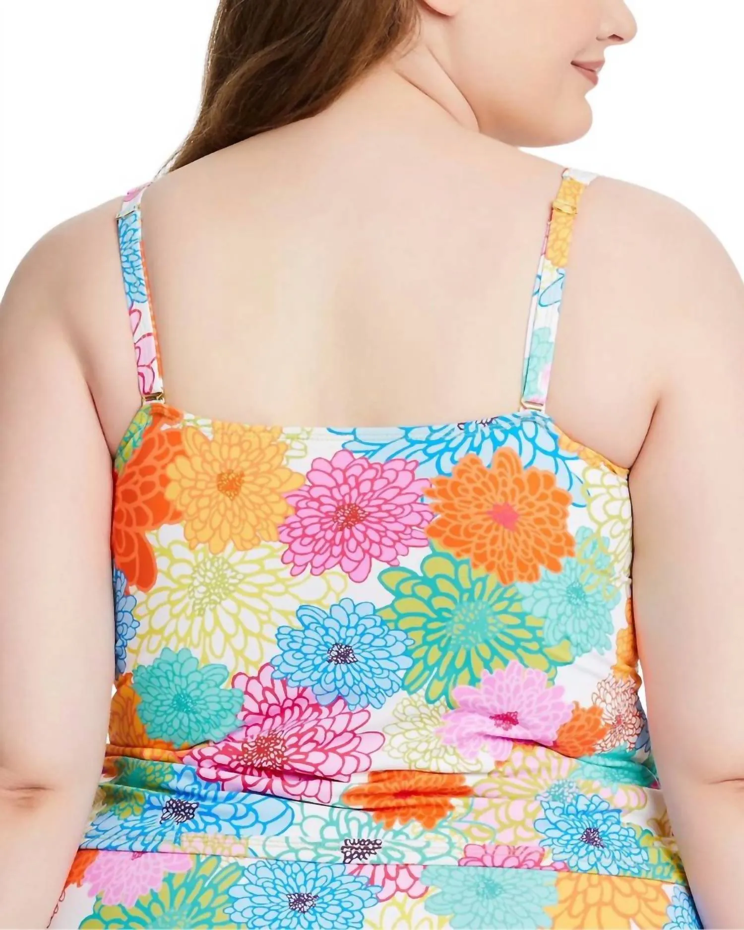 Fresh Picks Over The Shoulder Tankini Top In Orange Multi