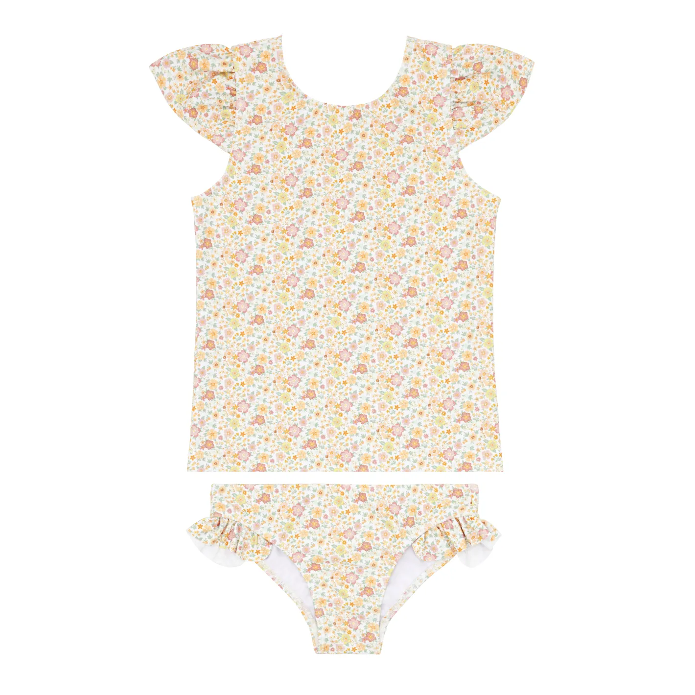 girls marigold floral ruffle cap sleeve rashguard set