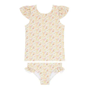 girls marigold floral ruffle cap sleeve rashguard set