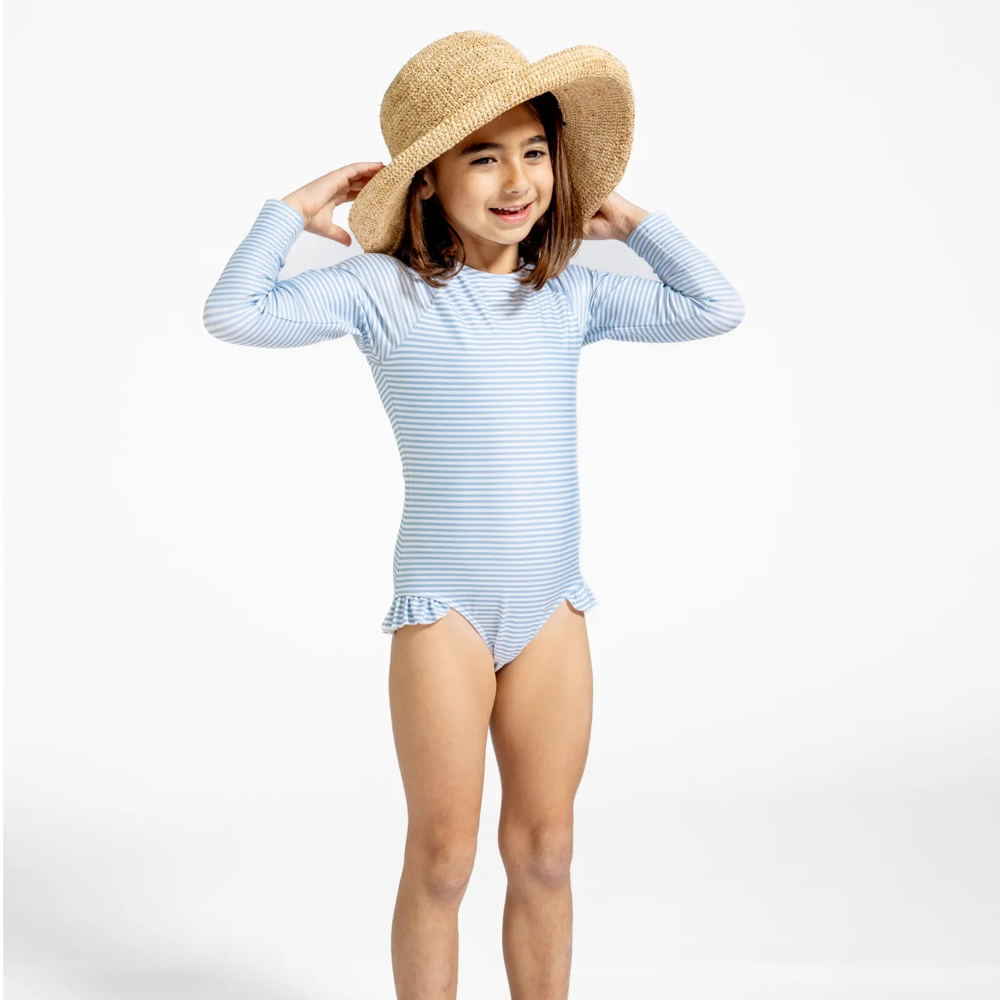 girls powder blue stripe rashguard one piece
