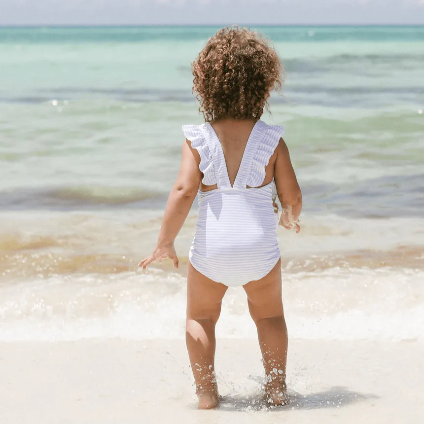 girls powder blue stripe ruffle one piece