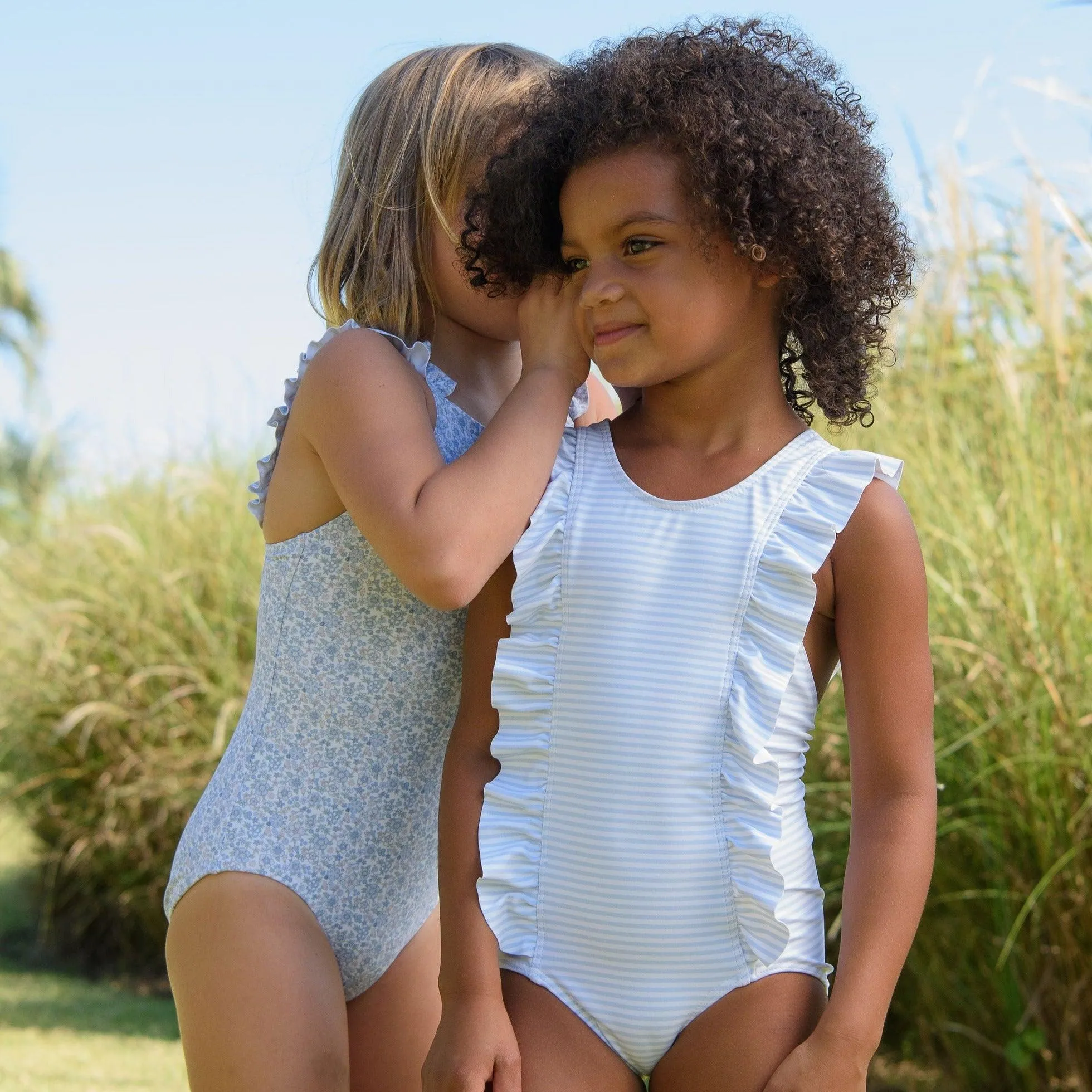 girls powder blue stripe ruffle one piece