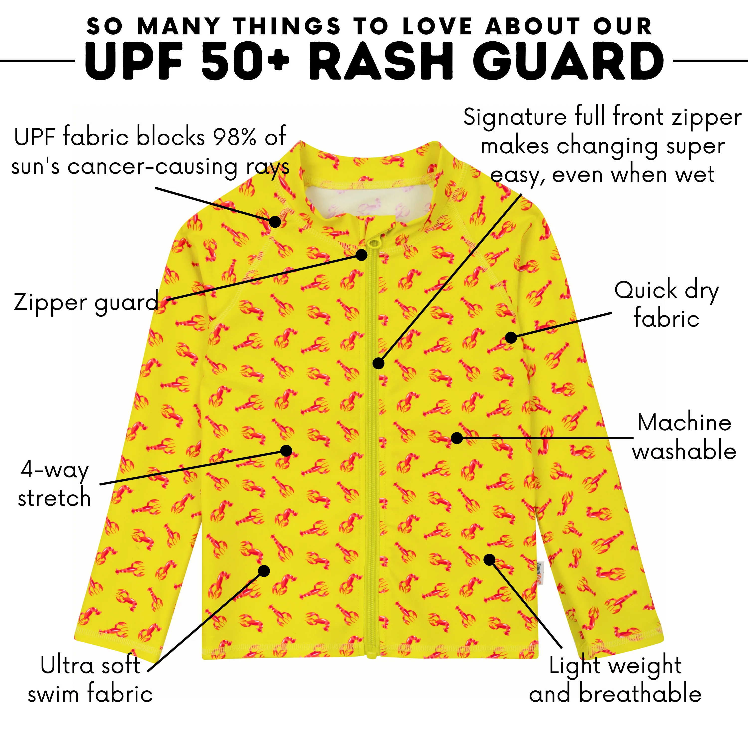 Kids UPF 50  Long Sleeve Zipper Rash Guard Swim Shirt | "Lobster"