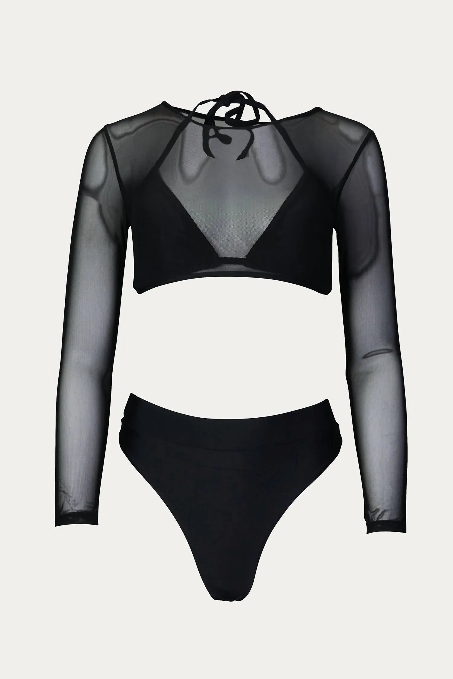 Mesh Three-Piece Bikini Set In Black