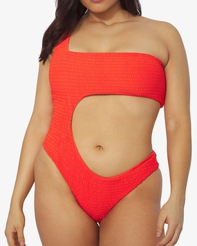 One Shoulder Cut-Out Smocking One Piece