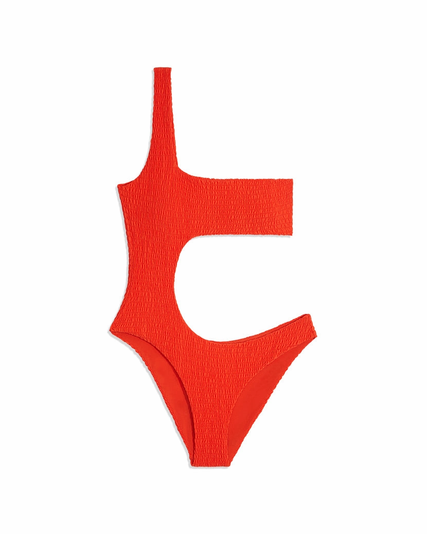 One Shoulder Cut-Out Smocking One Piece