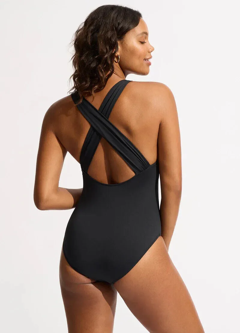 Seafolly Collective Swimsuit Womens 14 Black Stretch Cross-Back One Piece ERK499