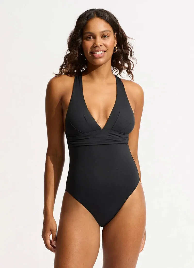 Seafolly Collective Swimsuit Womens 14 Black Stretch Cross-Back One Piece ERK499