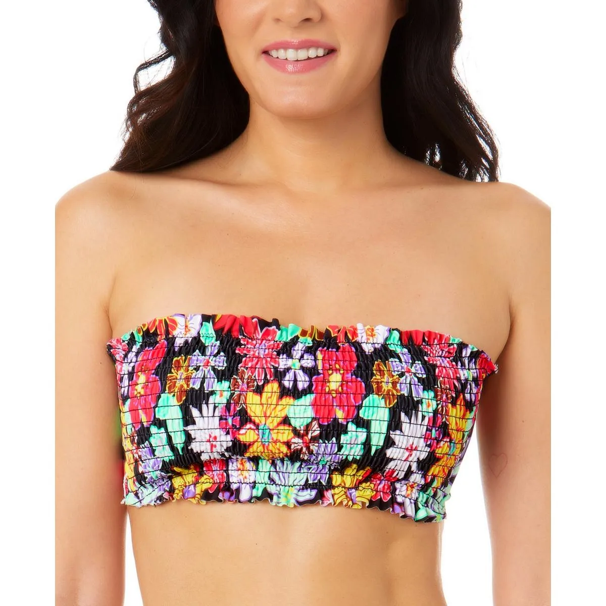 Womens Floral Print Smocked Bikini Swim top