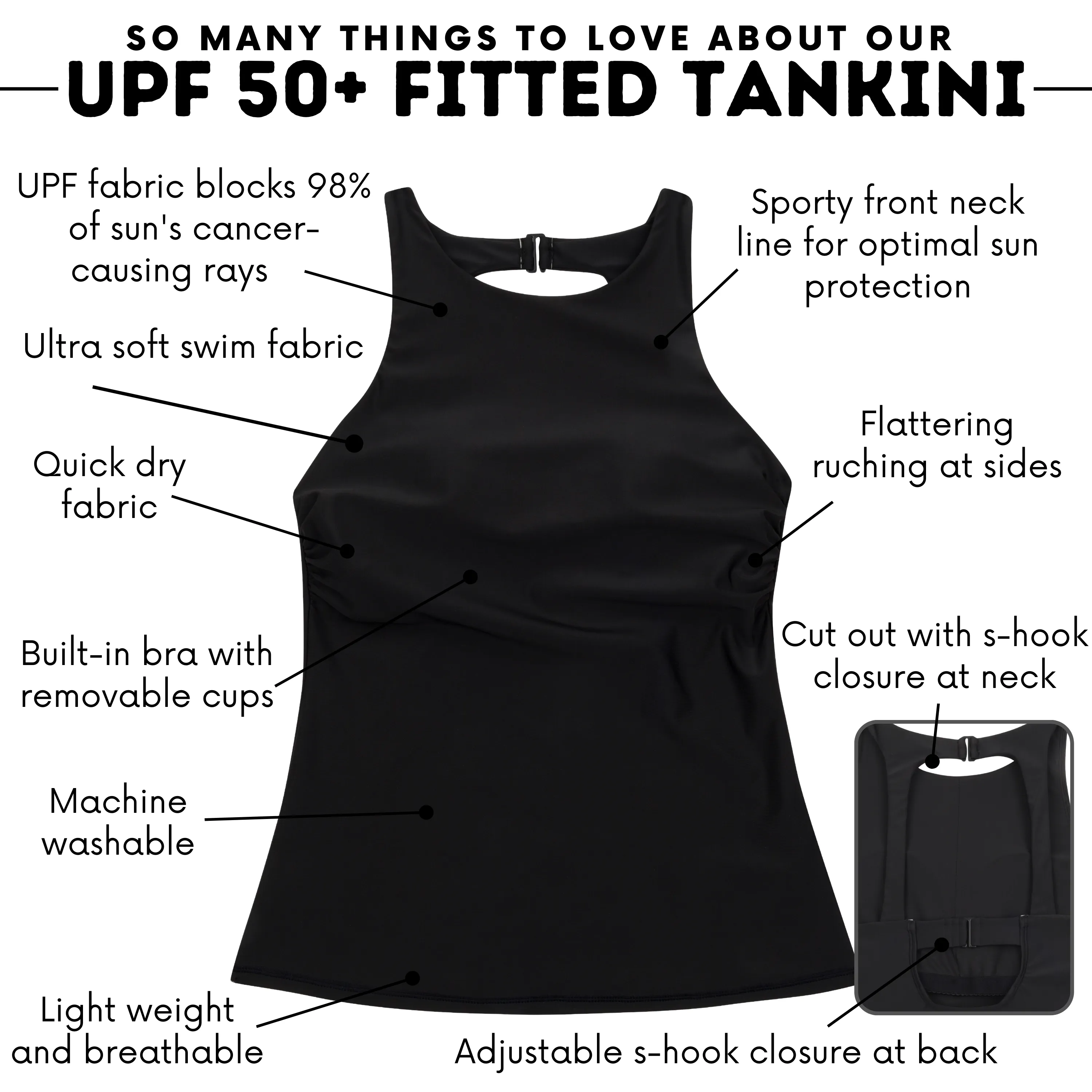 Womens High Neck Fitted Tankini Top | Black