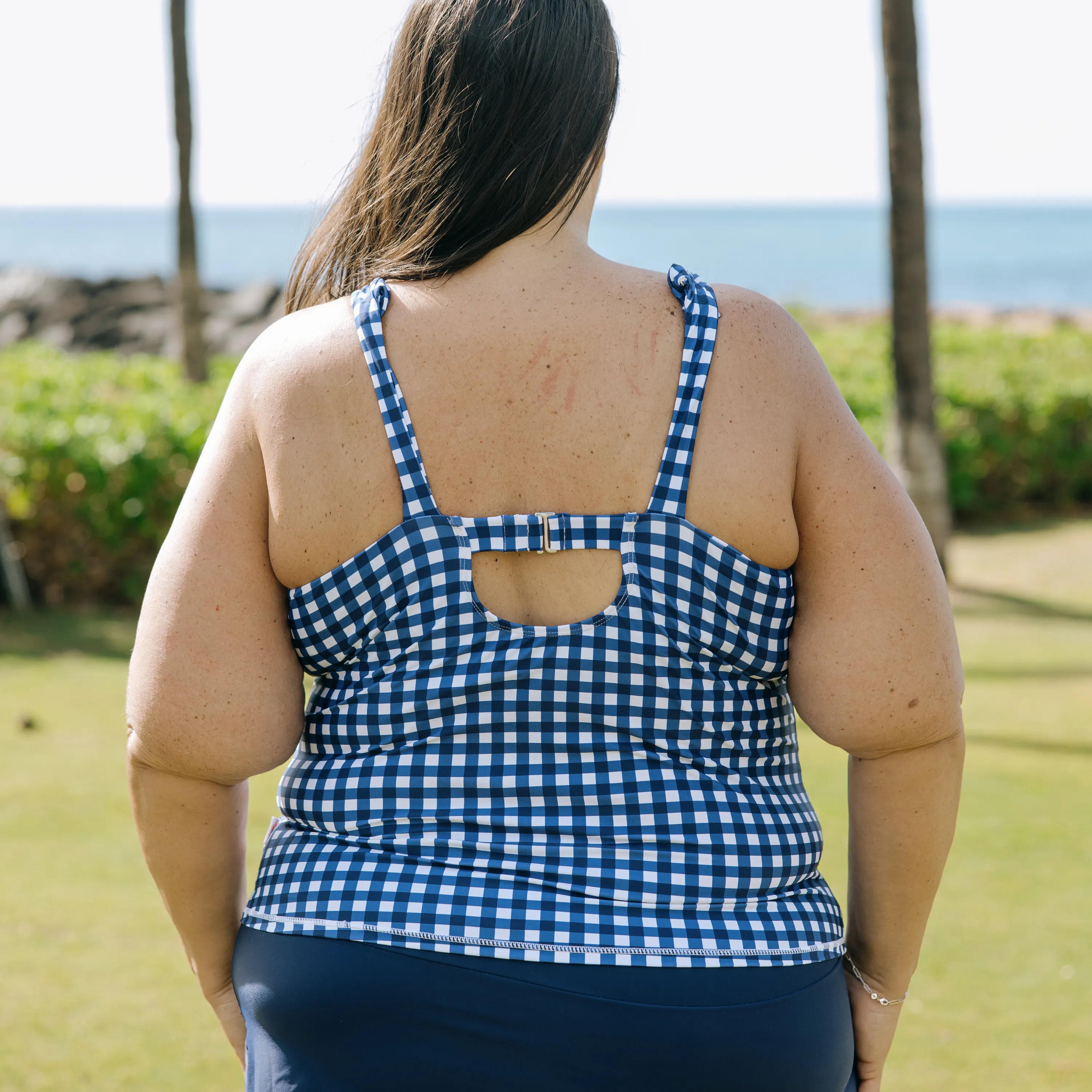 Womens High Neck Fitted Tankini Top | Navy Gingham