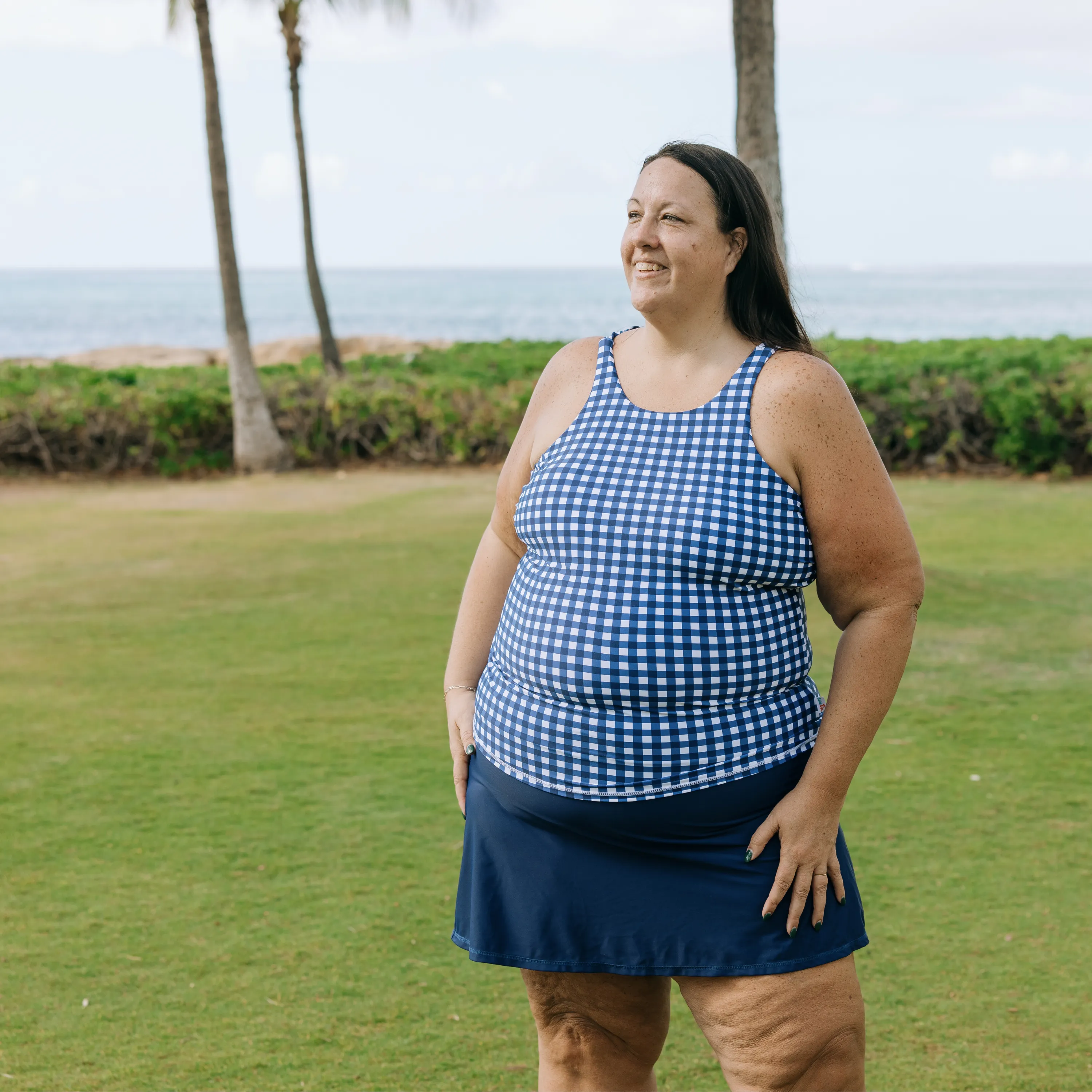 Womens High Neck Fitted Tankini Top | Navy Gingham