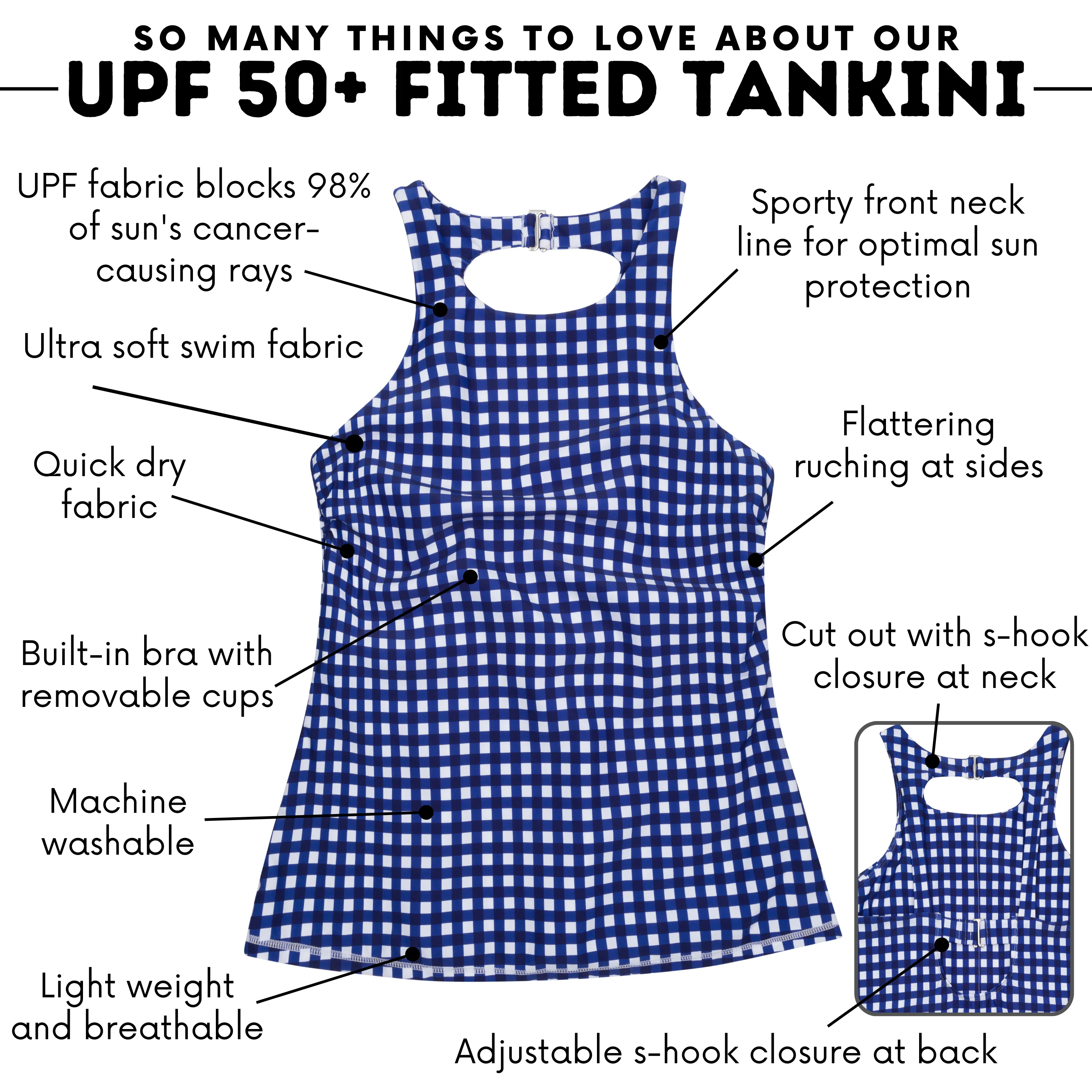 Womens High Neck Fitted Tankini Top | Navy Gingham