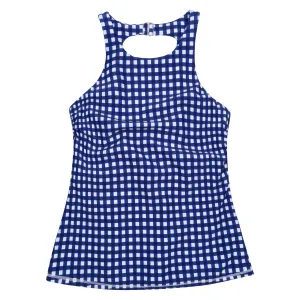 Womens High Neck Fitted Tankini Top | Navy Gingham