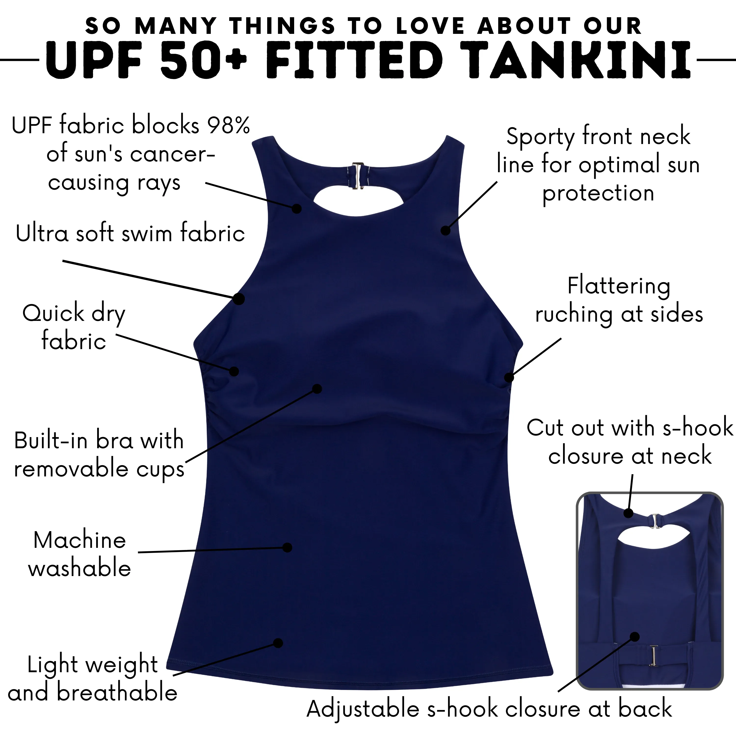 Womens High Neck Fitted Tankini Top | Navy