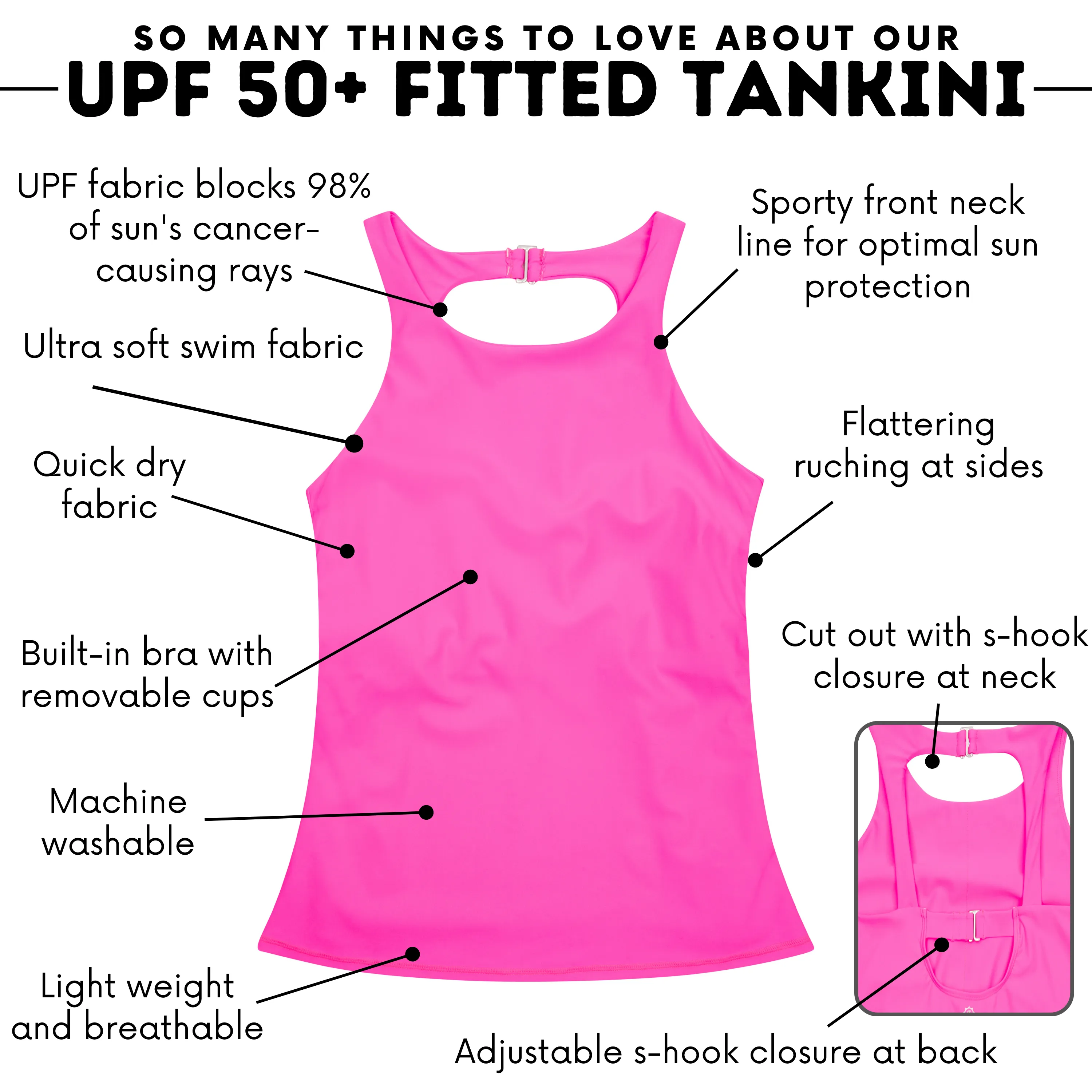 Womens High Neck Fitted Tankini Top | Neon Pink