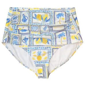 Women's High Waist Bikini Bottoms Ruched | "Mediterranean Lemons"