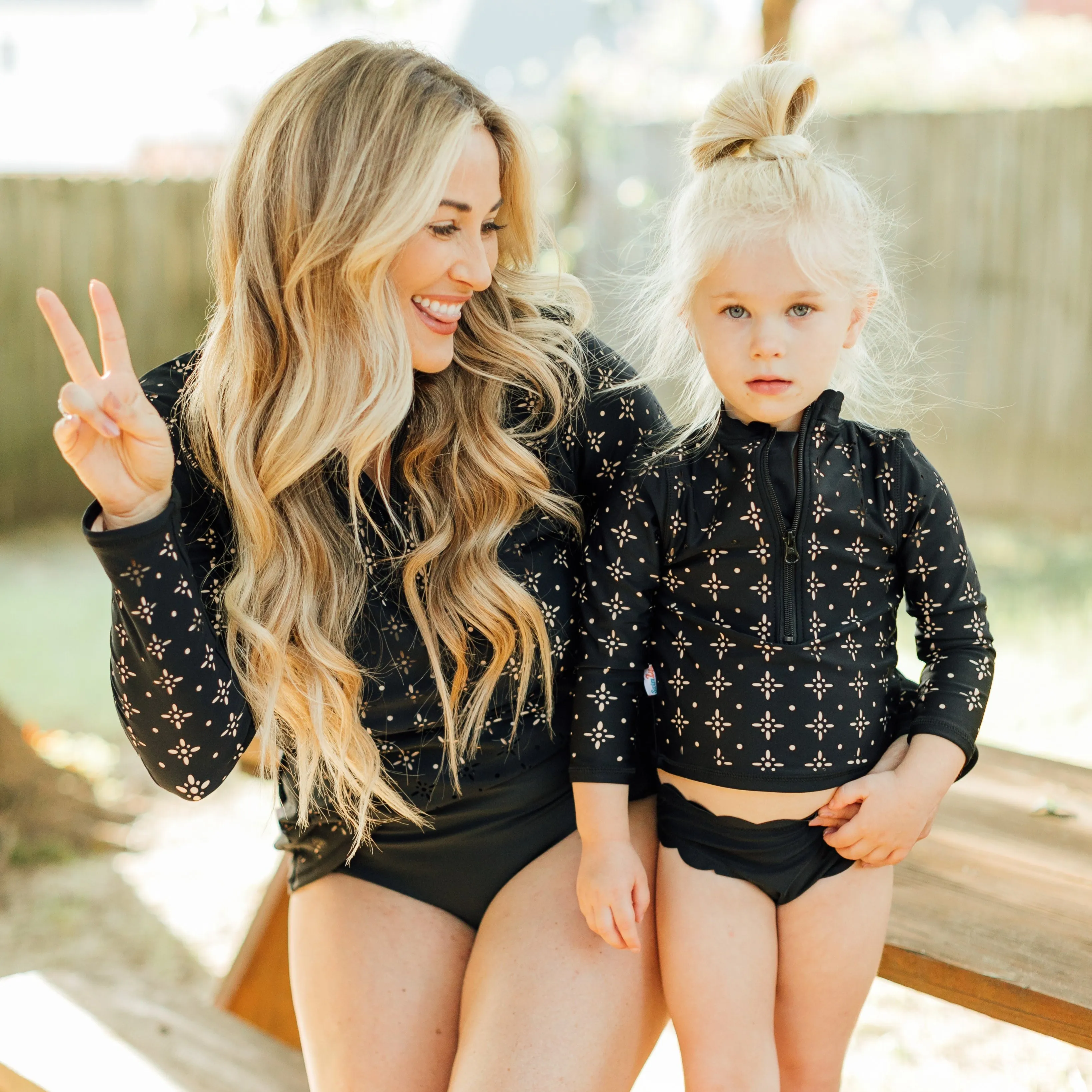 Women's Long Sleeve Laser Cut Scallop Neck Rash Guard - Black