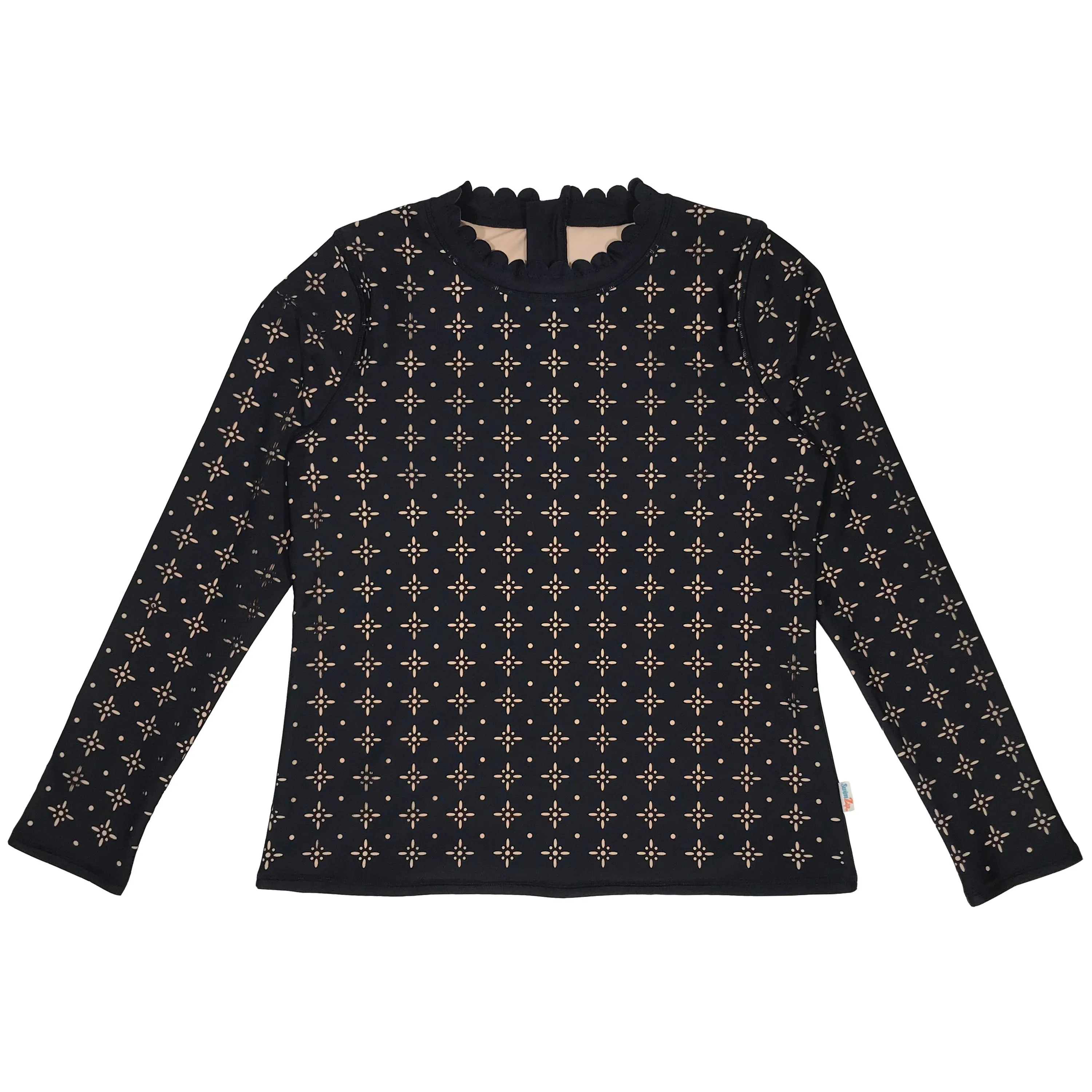 Women's Long Sleeve Laser Cut Scallop Neck Rash Guard - Black