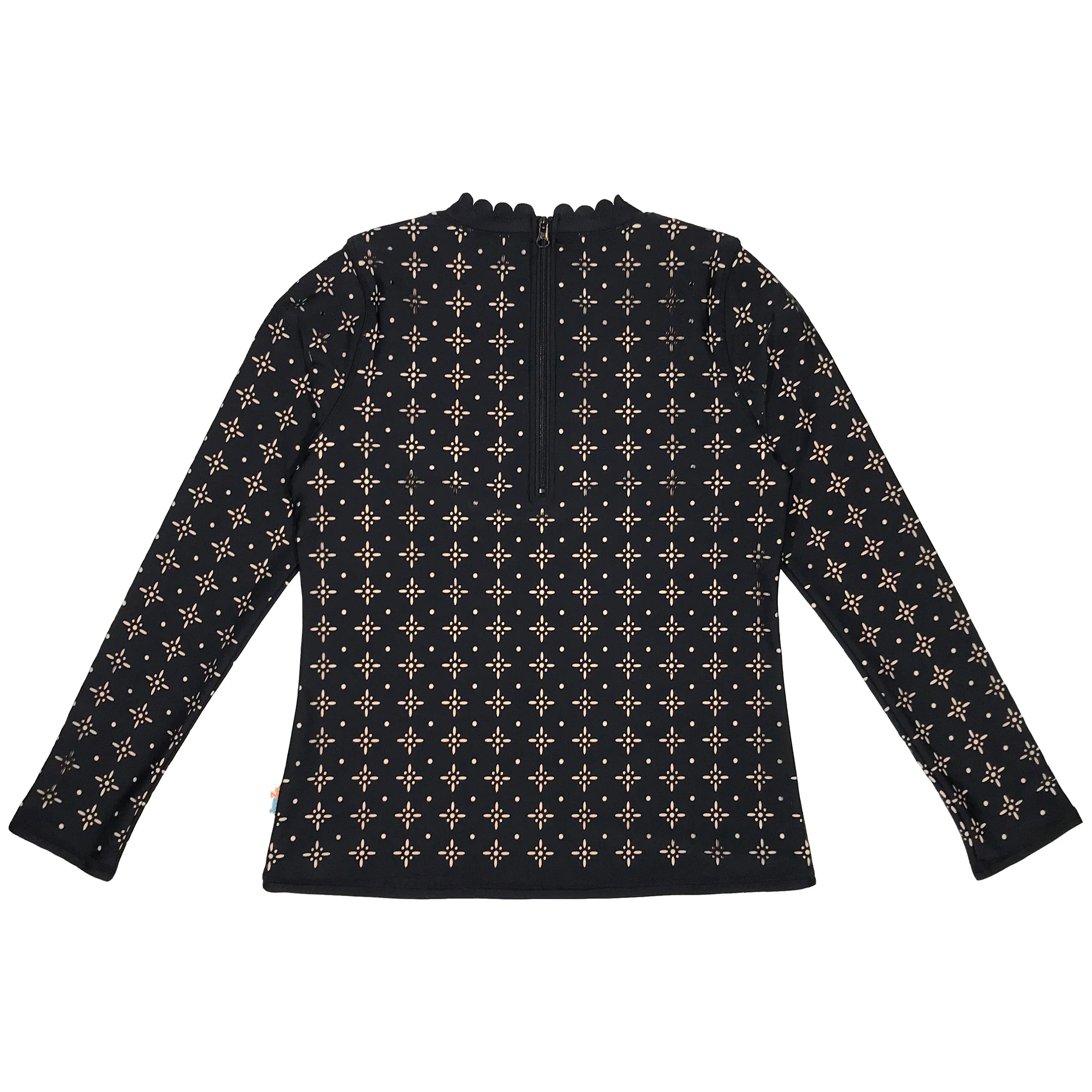 Women's Long Sleeve Laser Cut Scallop Neck Rash Guard - Black