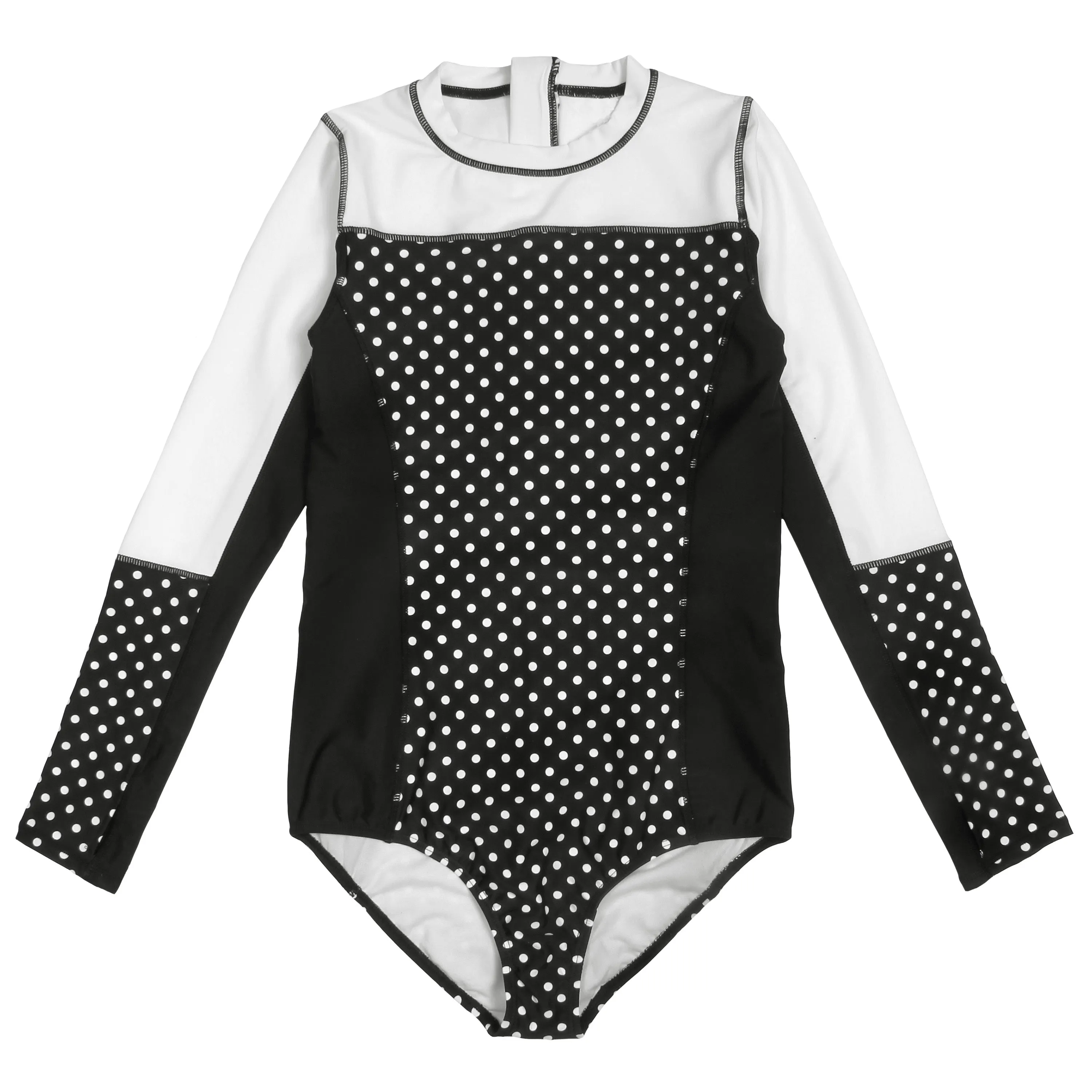 Women's Long Sleeve Surf Suit (One Piece Bodysuit) - "Black Polka Dot"