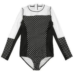 Women's Long Sleeve Surf Suit (One Piece Bodysuit) - "Black Polka Dot"