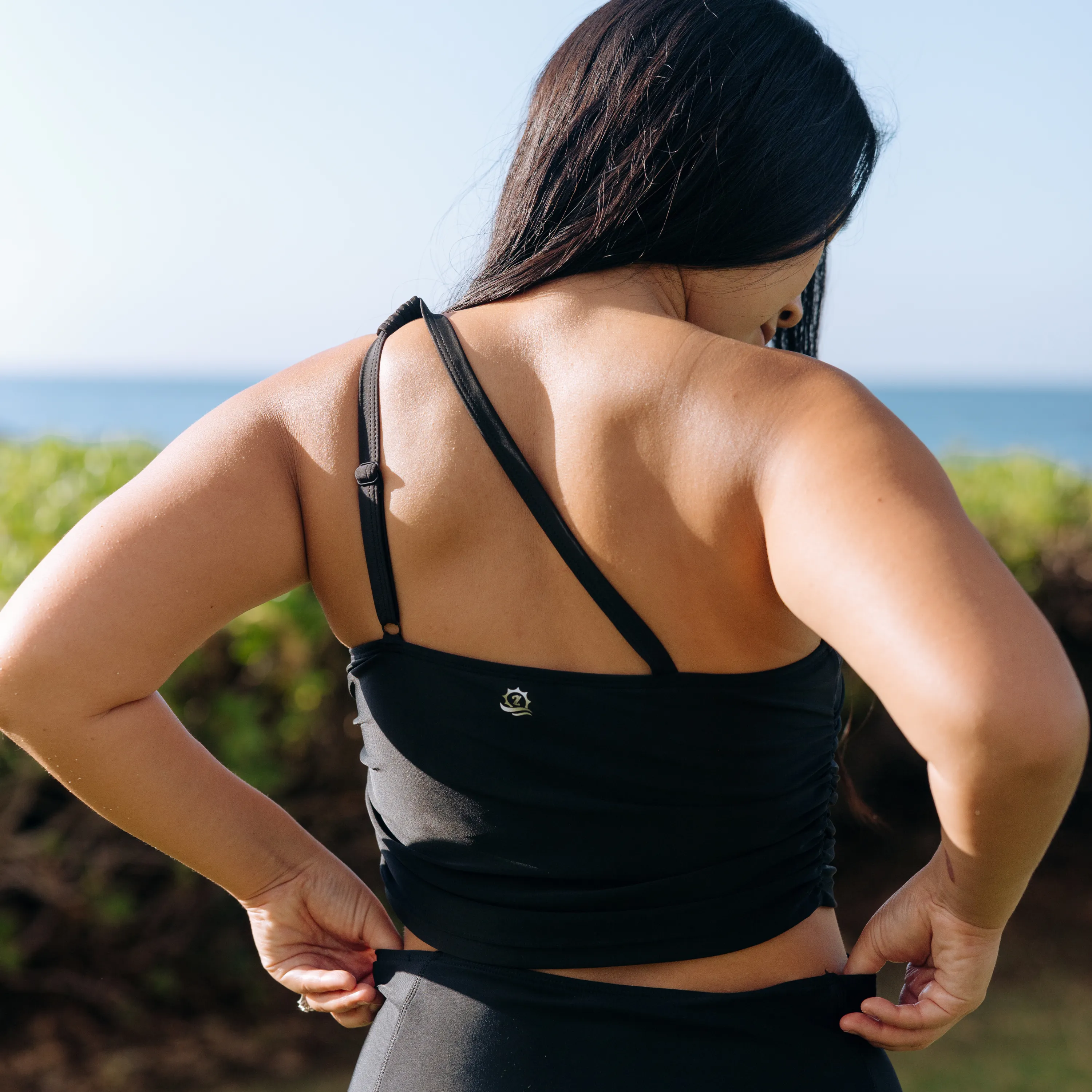 Womens One Shoulder Crop Tankini Top | Black
