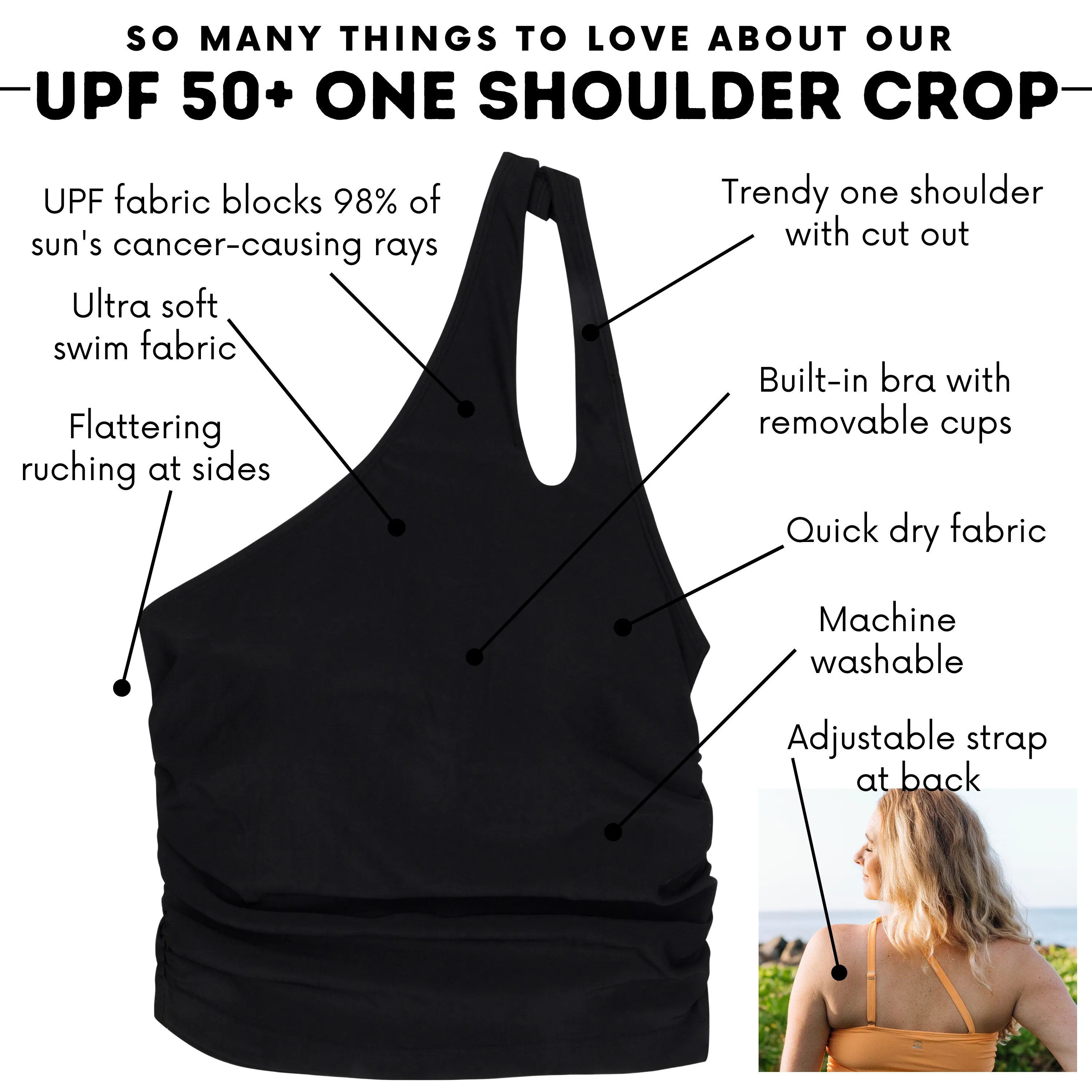 Womens One Shoulder Crop Tankini Top | Black