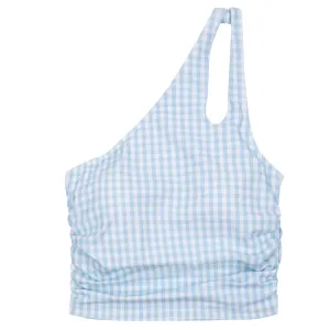 Womens One Shoulder Crop Tankini Top | Blue Gingham