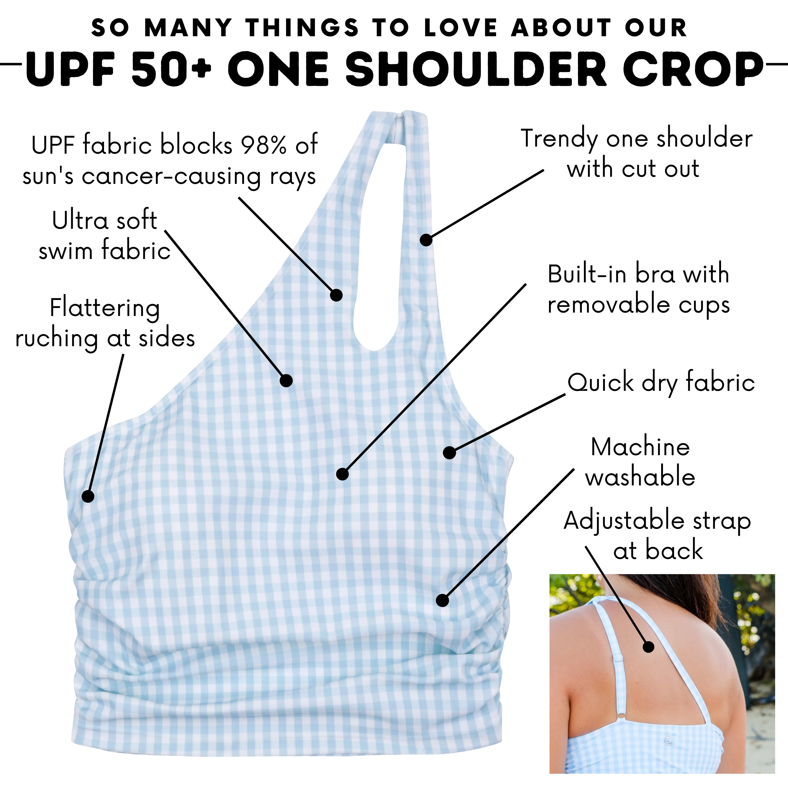 Womens One Shoulder Crop Tankini Top | Blue Gingham